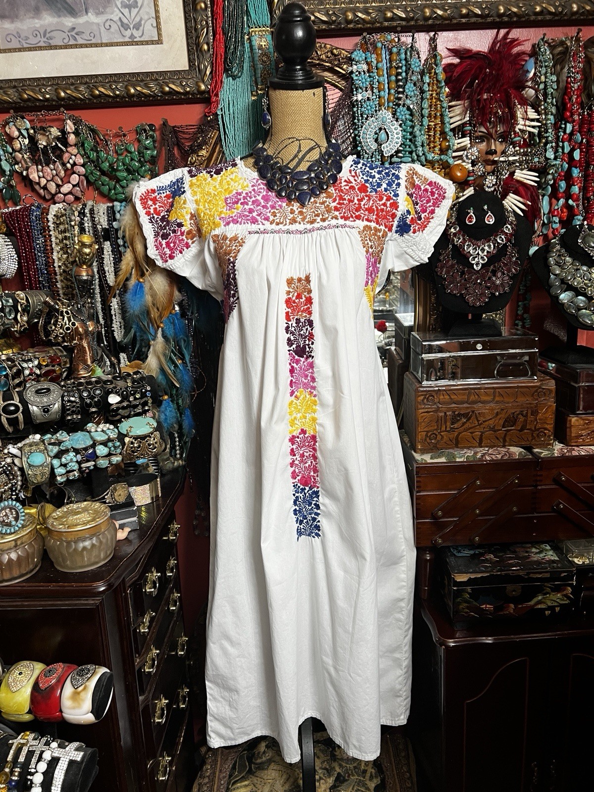 Beautiful 1970s Oaxacan White Dress Multi Color Embroidery White Crochet M