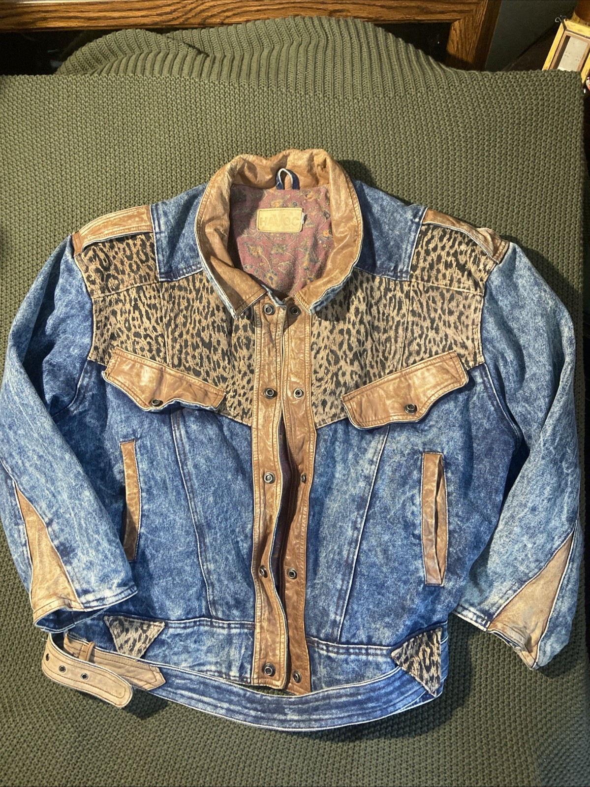 WINLIT Vtg! 80’s Acid Wash Denim Animal Print LEATHER Distressed Bomber Jacket L