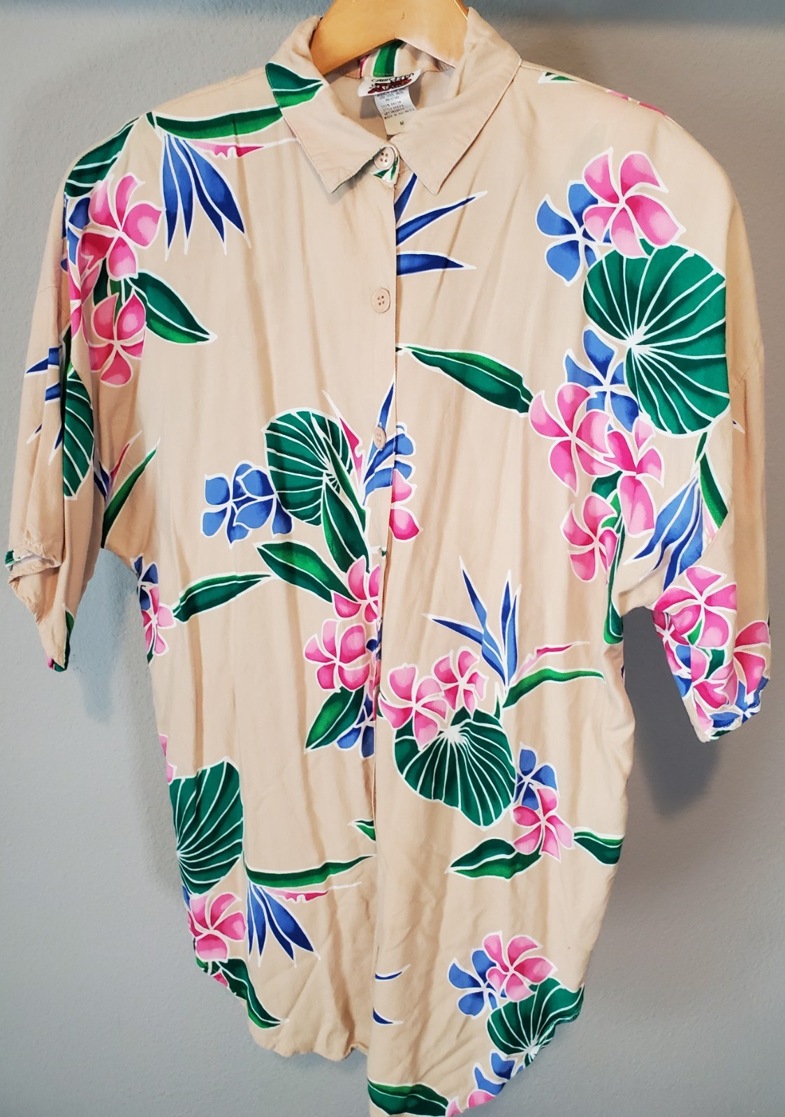 Vintage California Krush Tropical Floral Rayon Shirt M Shoulder Pads