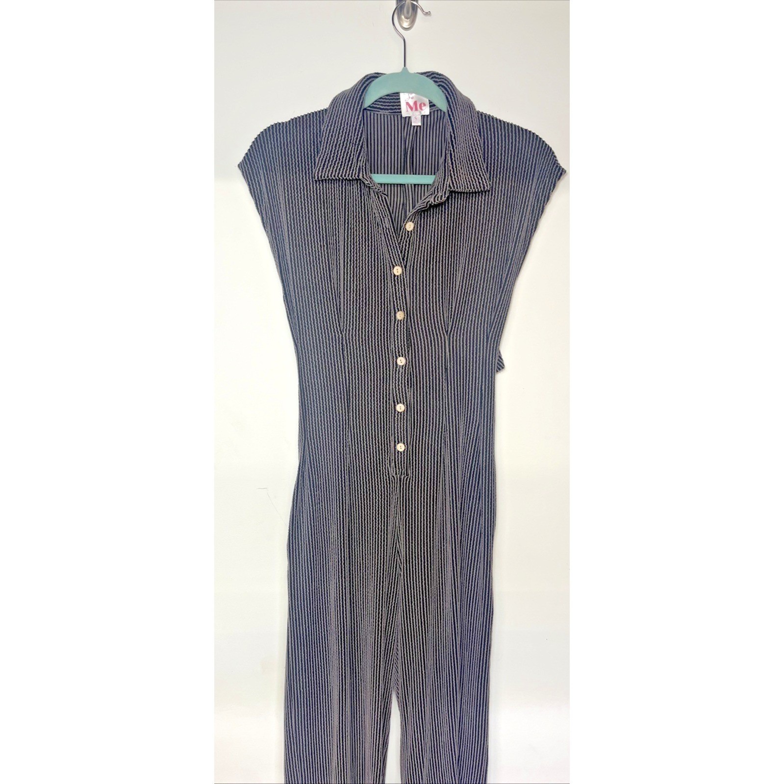 So Me Black White Striped Jumpsuit Wide Leg Button Front Boho Coastal Pockets S