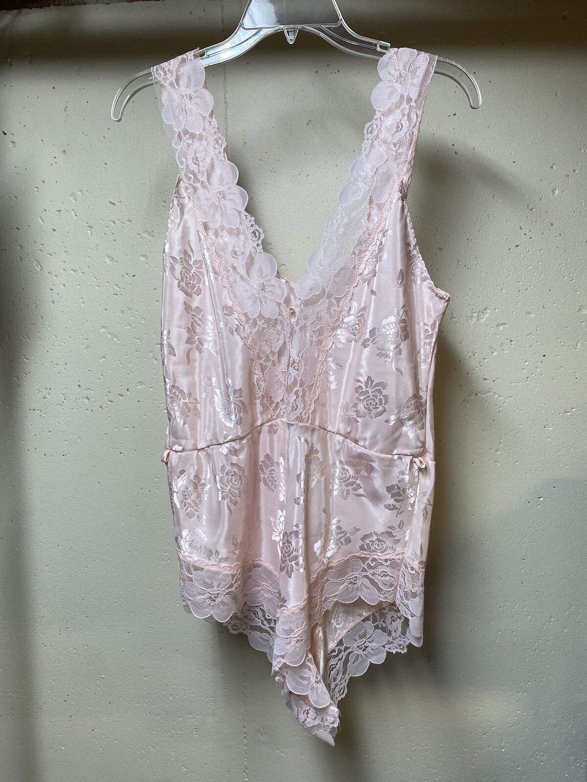 Vintage Satin Pink Lace Teddy Bodysuit Romper Sz Unknown SEE measurements