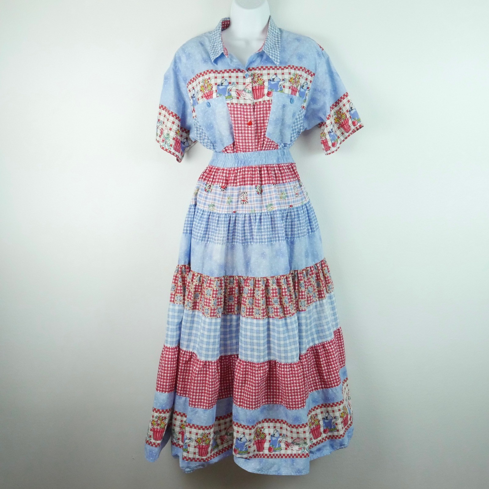 Buckles Vintage 2 Piece Set Shirt Skirt Gingham Patchwork Western Prairie L 90s
