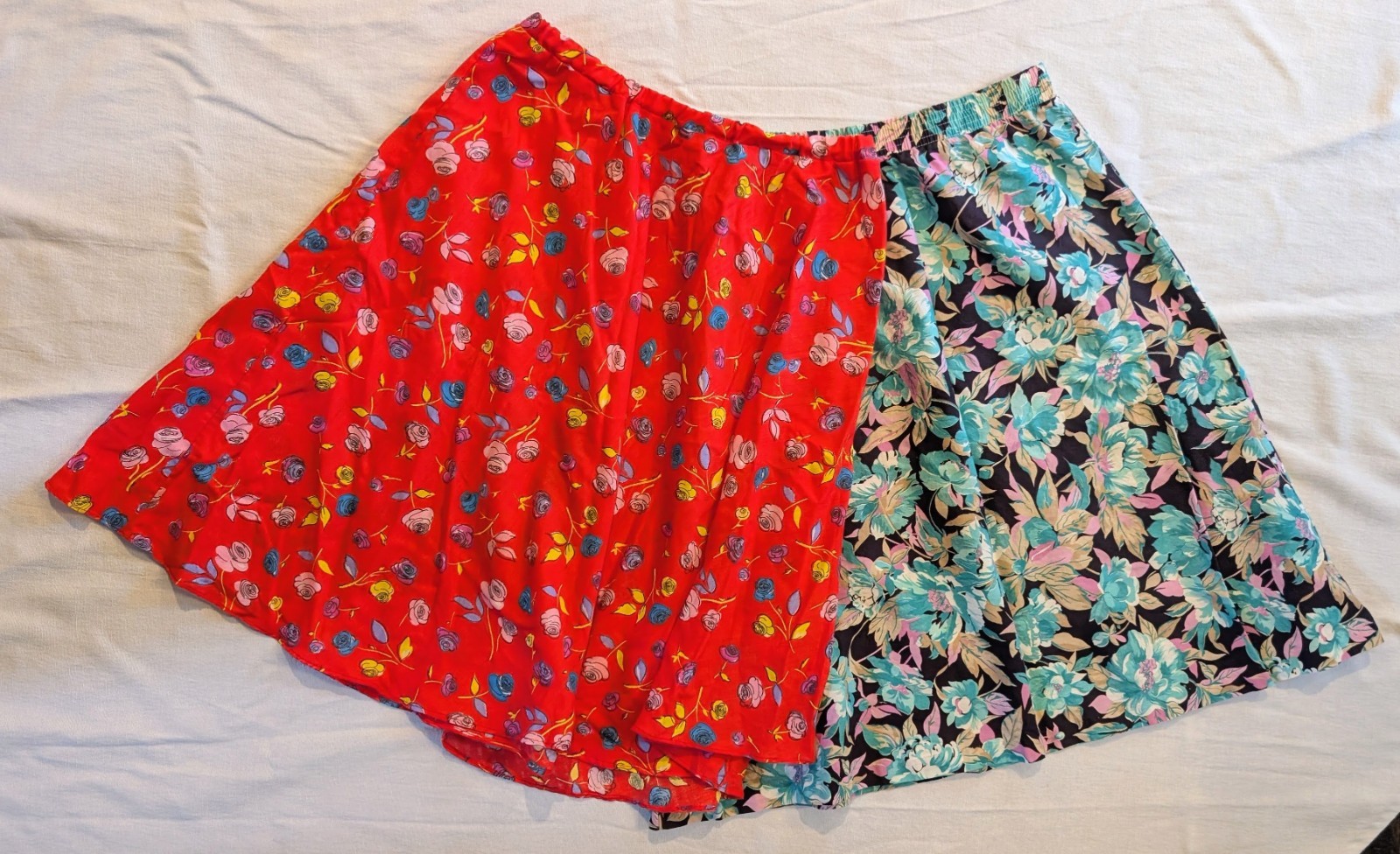 2 vintage floral fabric mid-length size 8 skirts w/elastic waists good condition