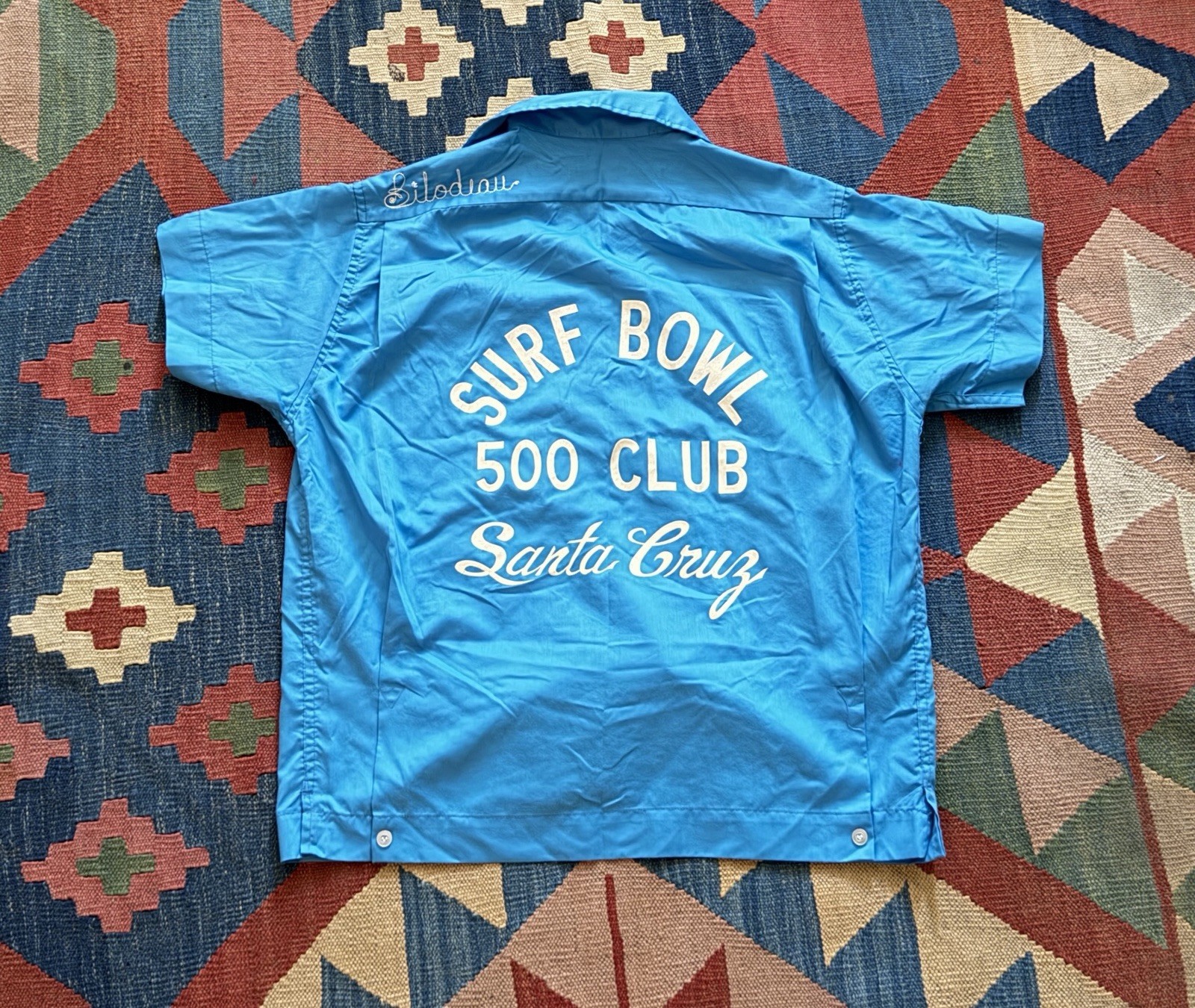 VINTAGE 60s SURF BOWL 500 CLUB SANTA CRUZ BOWLING SHIRT WOMEN 38 M ROCKABILLY