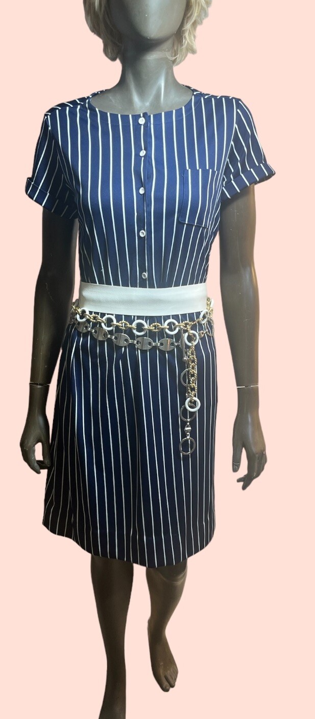 Vintage LANVIN 1970s Poly Knit French Designer Embroidered Logo Day Dress L 16