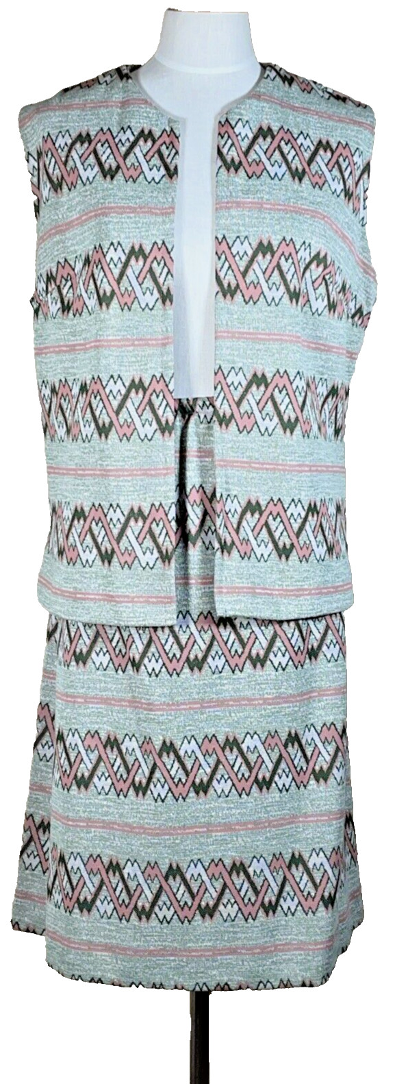 Vintage 70s Skirt Vest 2 pc Set Sage Green Pink Size-20 Joan Curtis Made in USA
