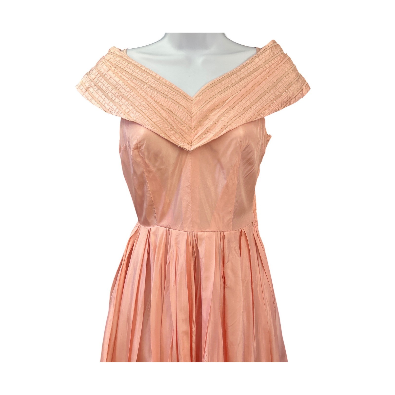 1950s Unbranded Taffeta Dress Portrait Collar Mid-Century Pink Retro Prom