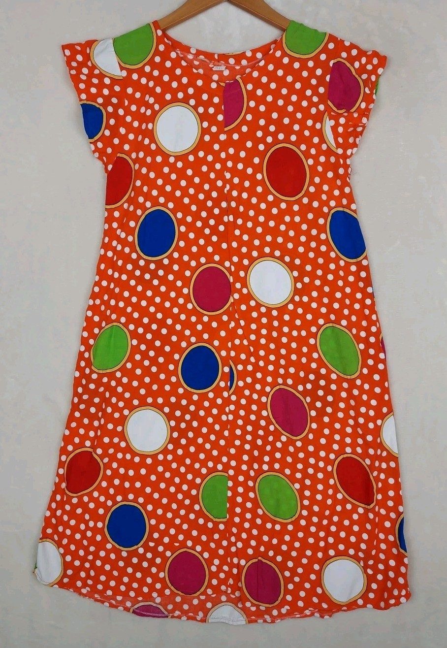 Vintage 60’s Mayette Dress Womens Large Orange Polka Dots Pockets hippie