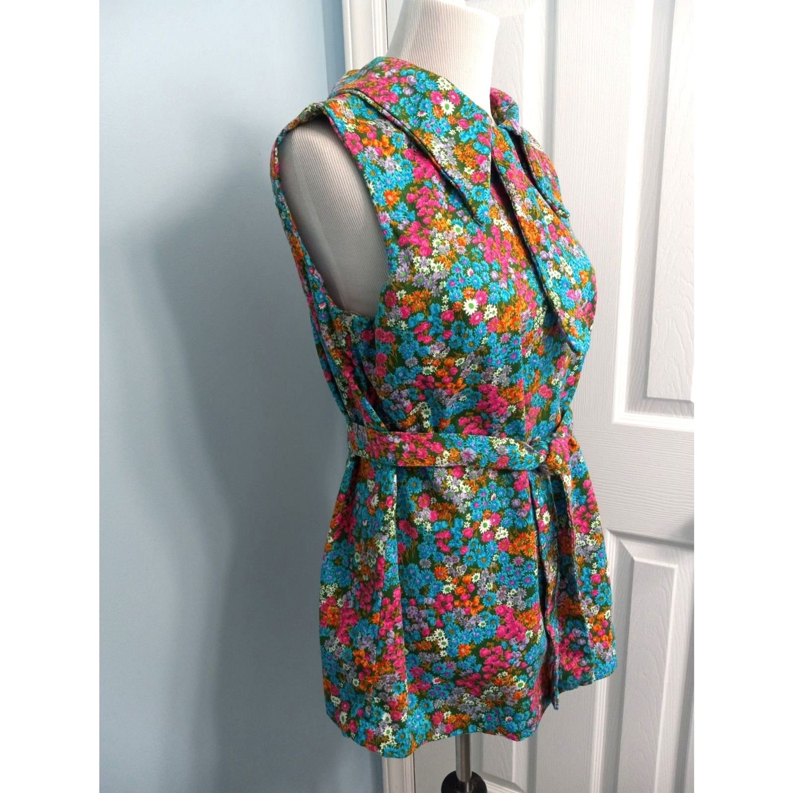 Vintage Handmade Floral Sleeveless Collared Tunic w/ Sash Belt MODERN SIZE LARGE