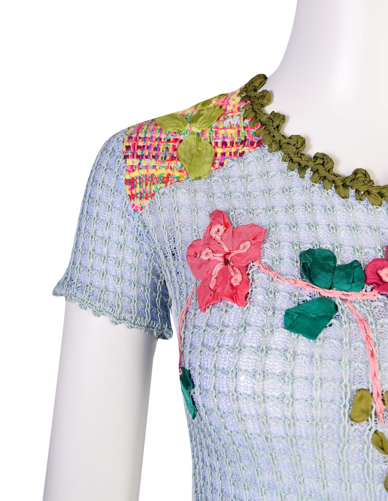 Christian Lacroix Vintage SS 2000 Baby Blue Multicolor Floral Embellished Knit C