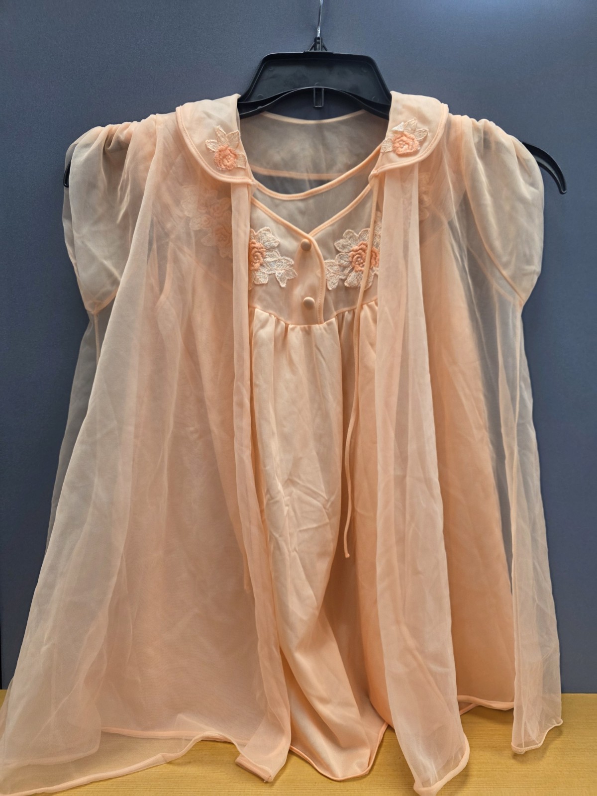 Vtg Babydoll Peignoir Set Peach Pandora Lingerie Robe Chiffon Sheer 100% Nylon