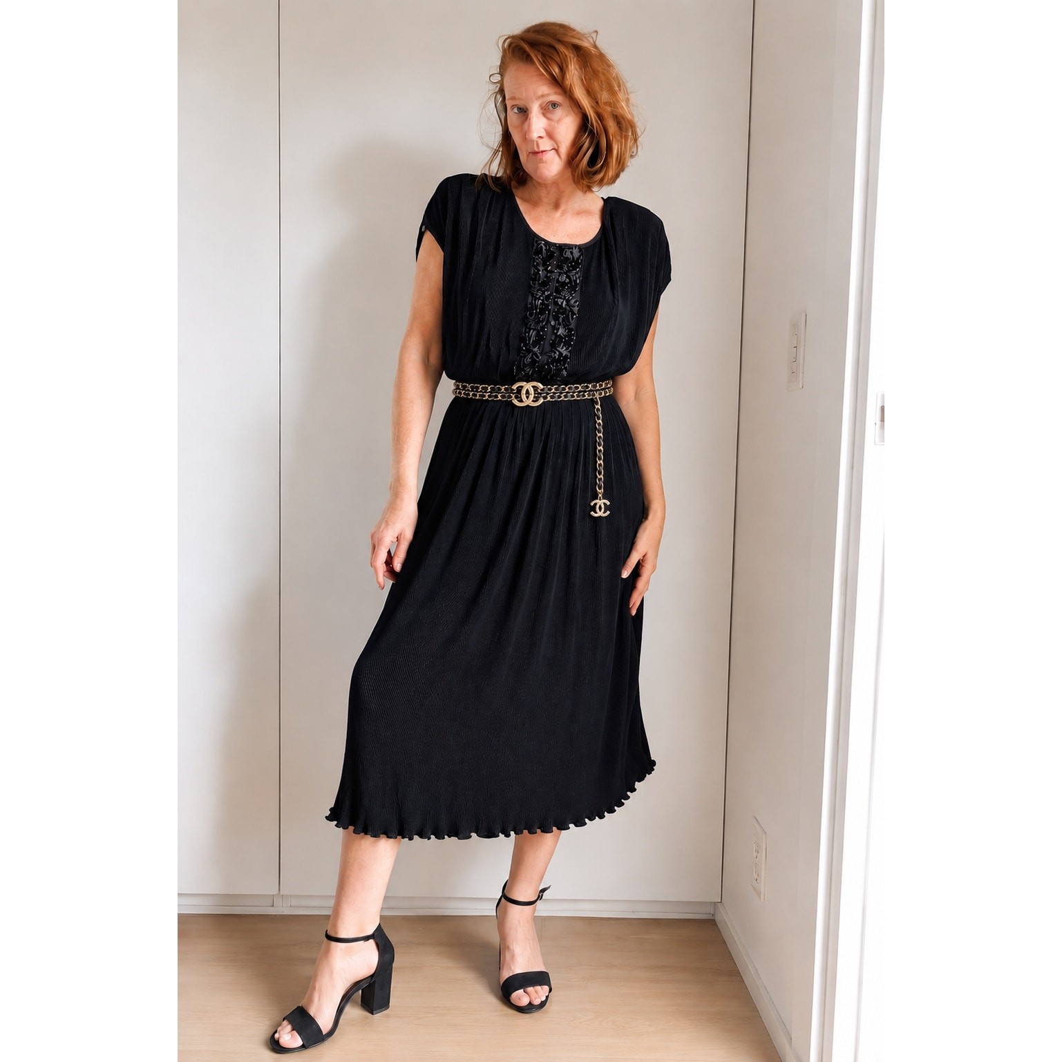 Virginie Paris Floral Micropleated Dress Black Made in France Statement Size L