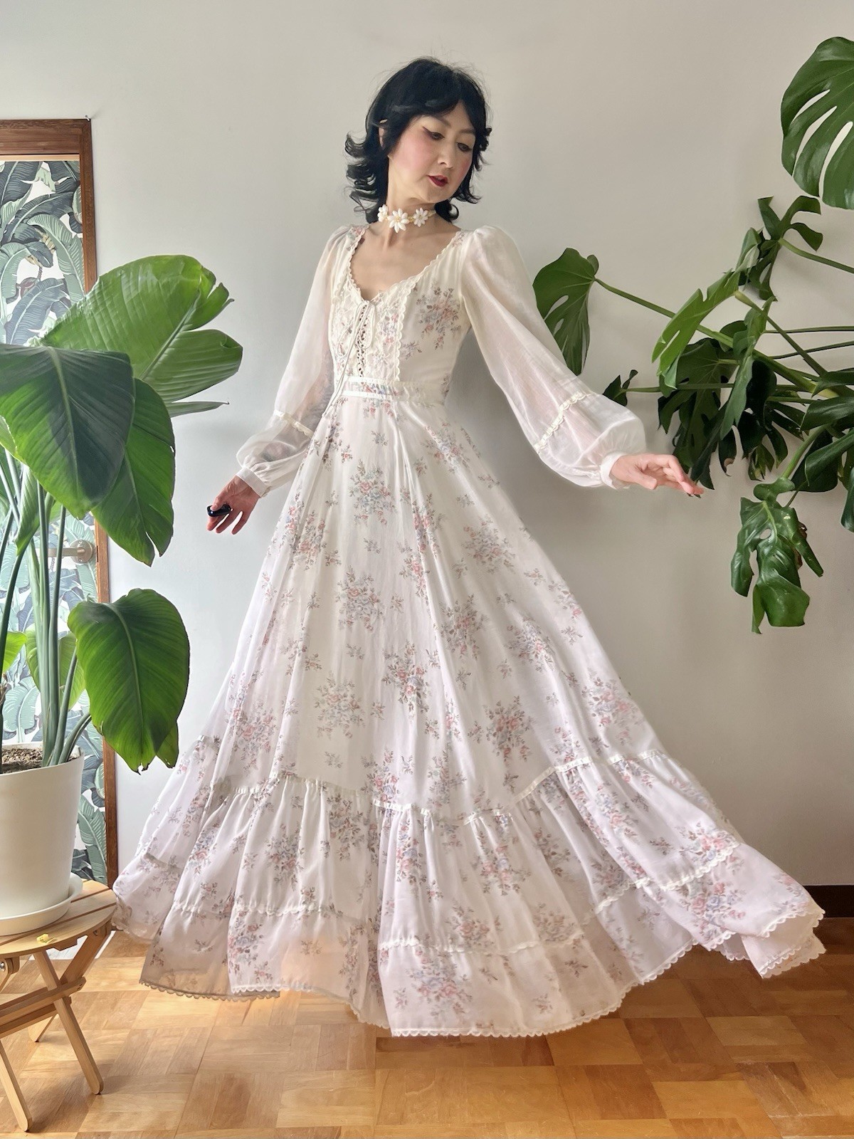 VTG 70s Gunne Sax Rose Bouquet Lace Up Corset Voile Prairie Maxi Dress XS/S Boho
