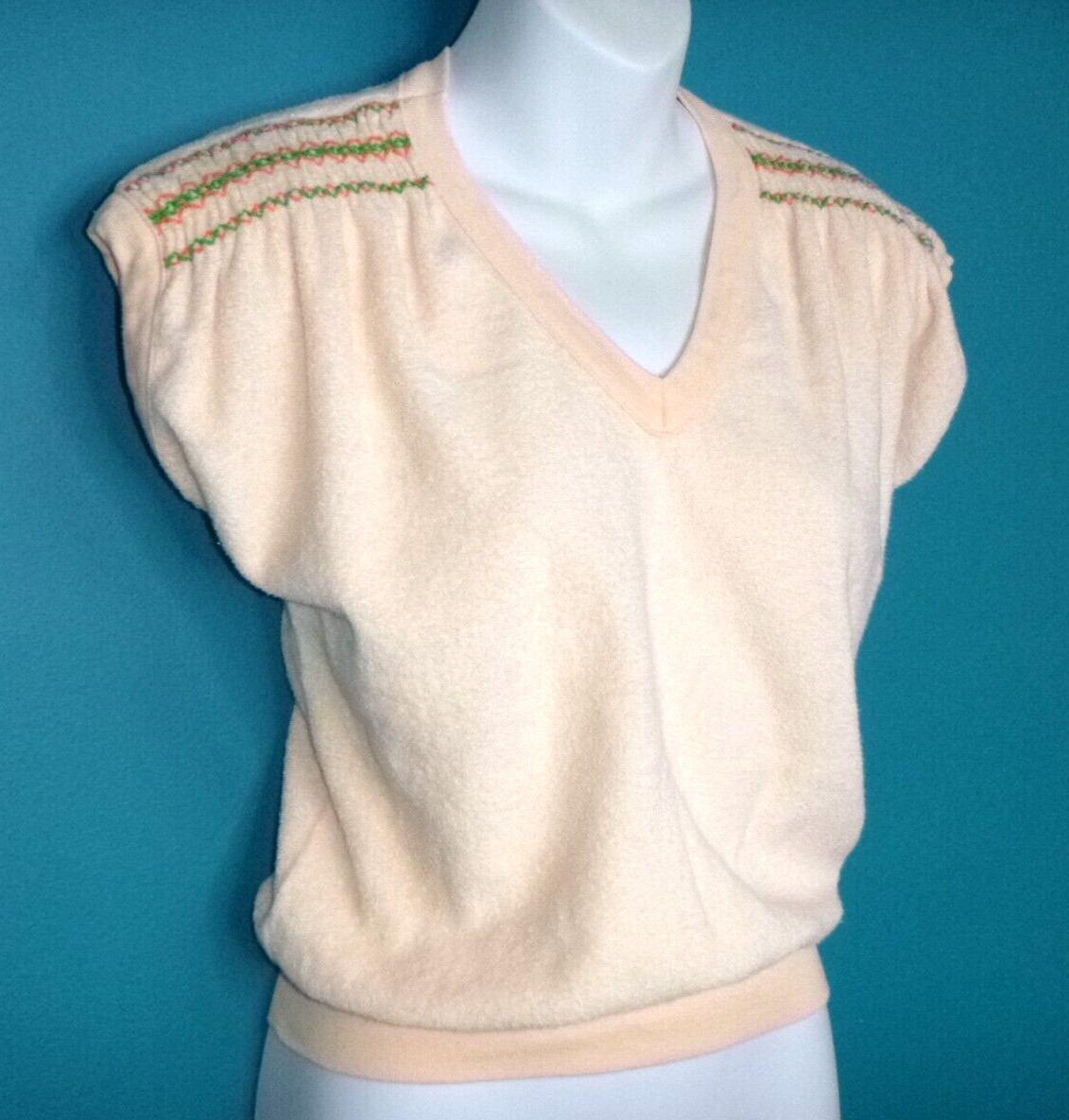 Vtg 70s Joey Joe Terrycloth Knit Top Smocked Shoulders Sz S/M