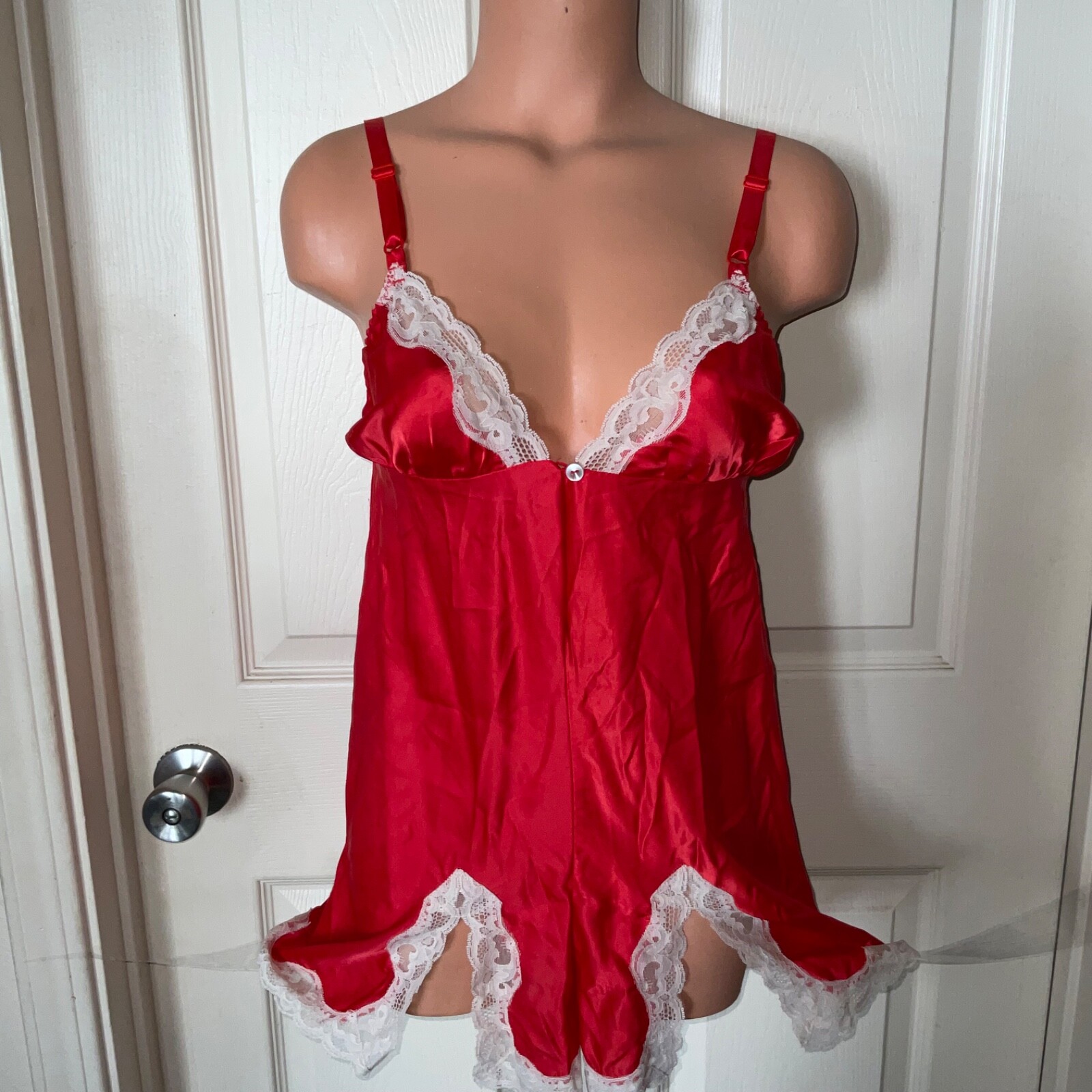 VTG Lily Of France SZ 36 LACY White Red Satin Bodysuit Romper Teddie USA