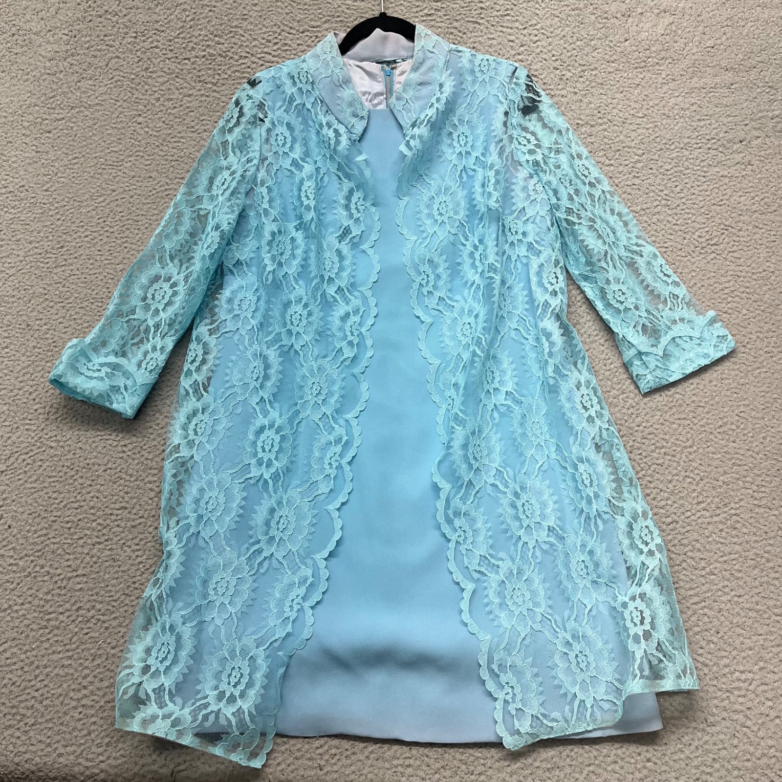 True Vintage Dress Womens 16 Baby Blue Lace Shift Sheer 60’s 70’s Retro Wedding