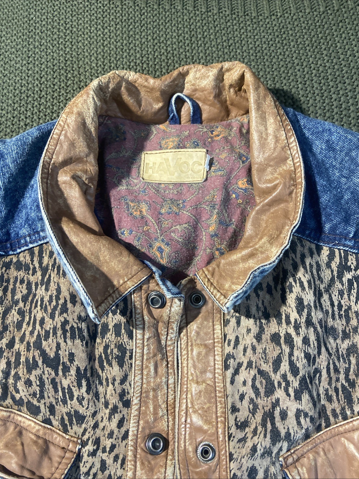 WINLIT Vtg! 80’s Acid Wash Denim Animal Print LEATHER Distressed Bomber Jacket L