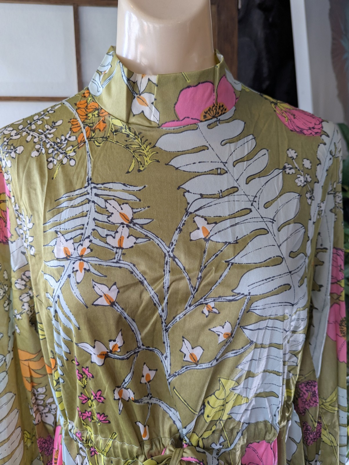 Vtg 70s Vanity Fair Hostess Lounge Dress Kaftan Robe Back Zip High Neck Sz L/XL