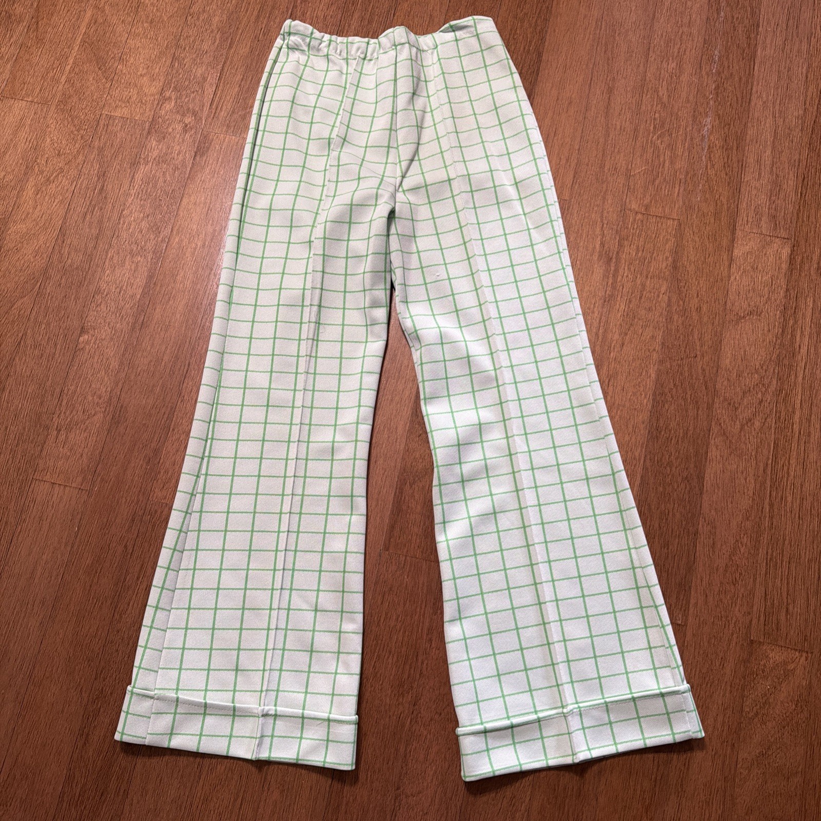 Vintage Green Plaid Flared Pants with Cuffed Hem and ILGWU Label