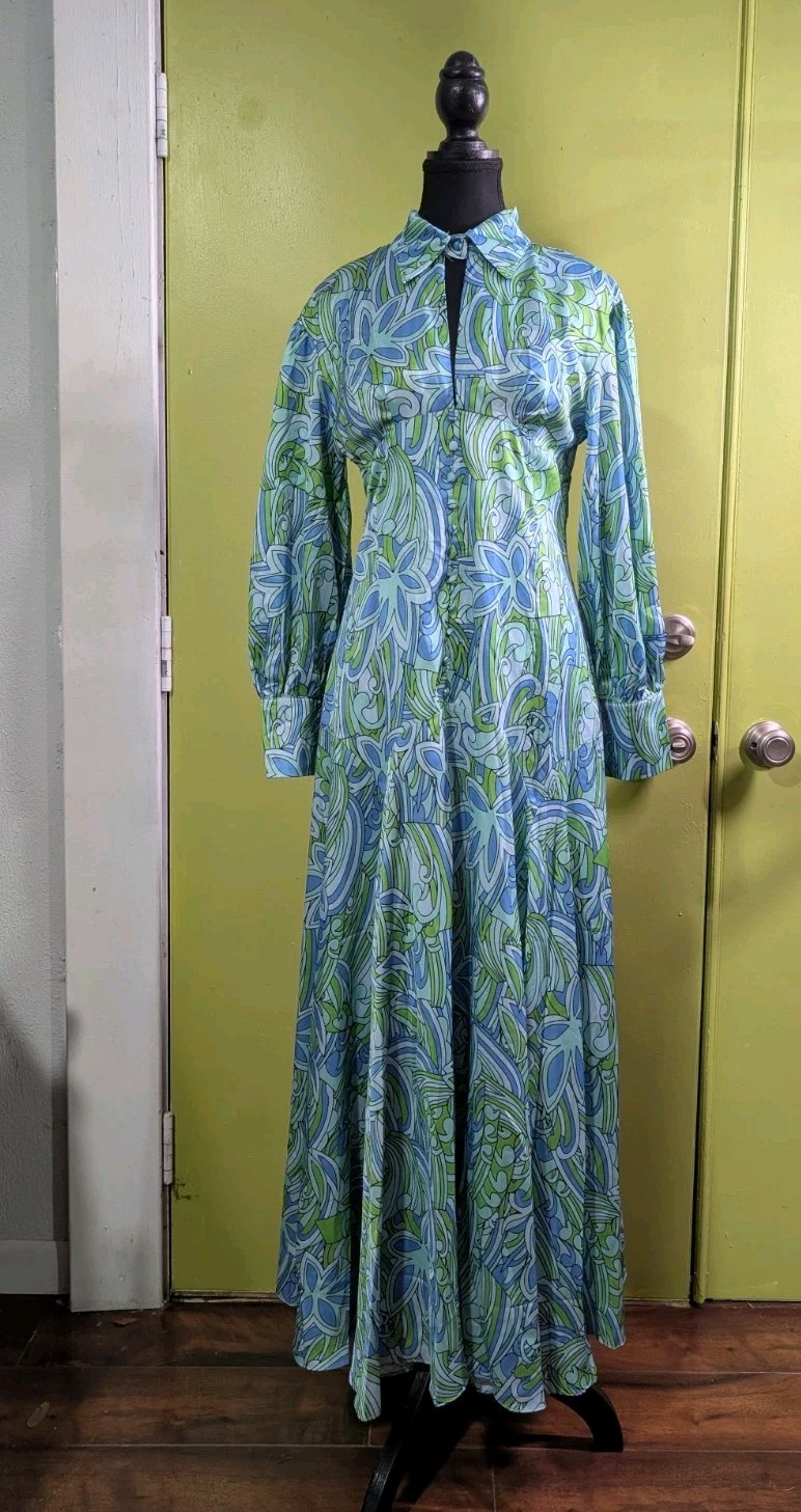 Modern Retro Psychedelic Maxi Dress Blue Green Mod Boho Hostess Medium