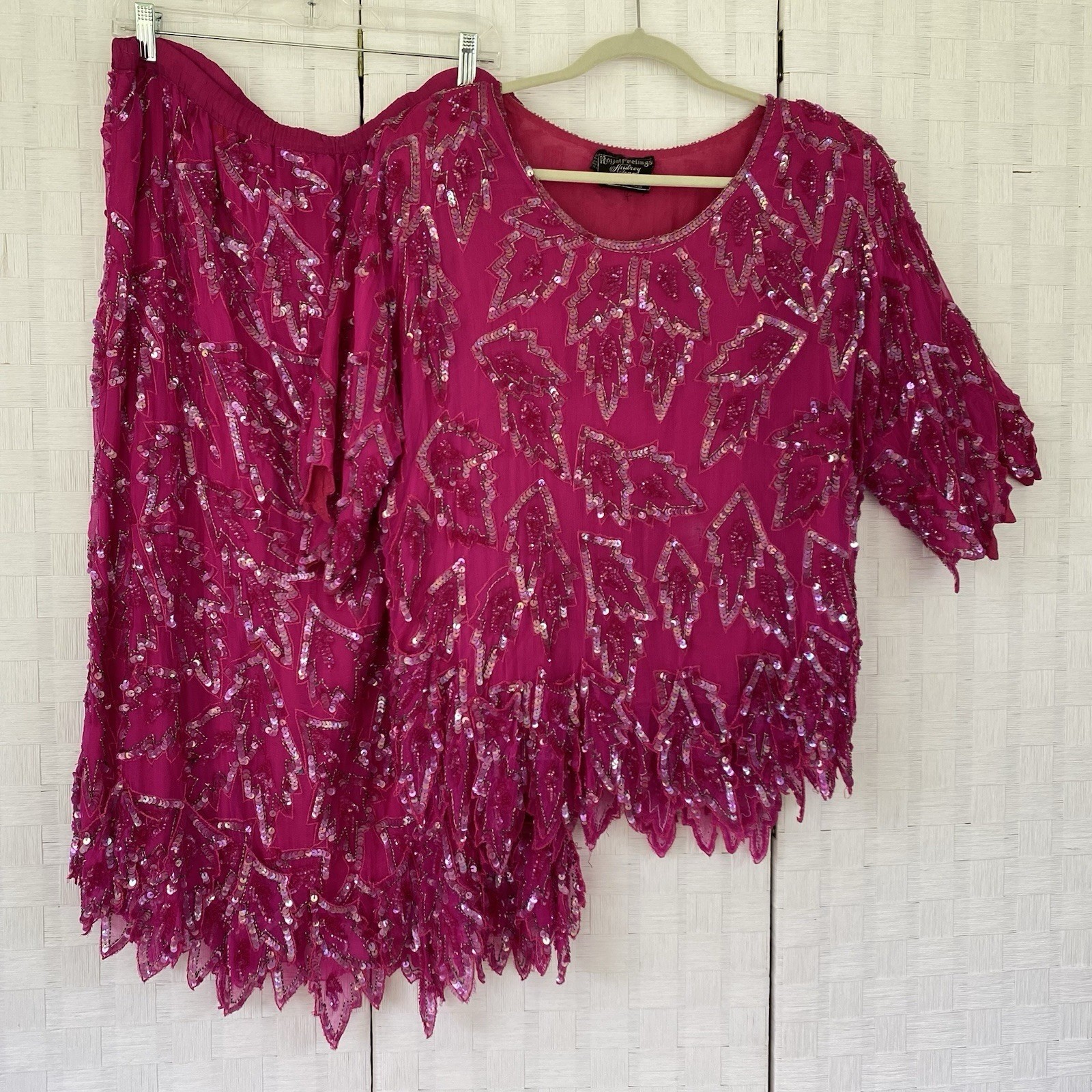 Royal Feelings Audrey Jones Skirt Set Women M Magenta Silk Sequin Beaded Vintage