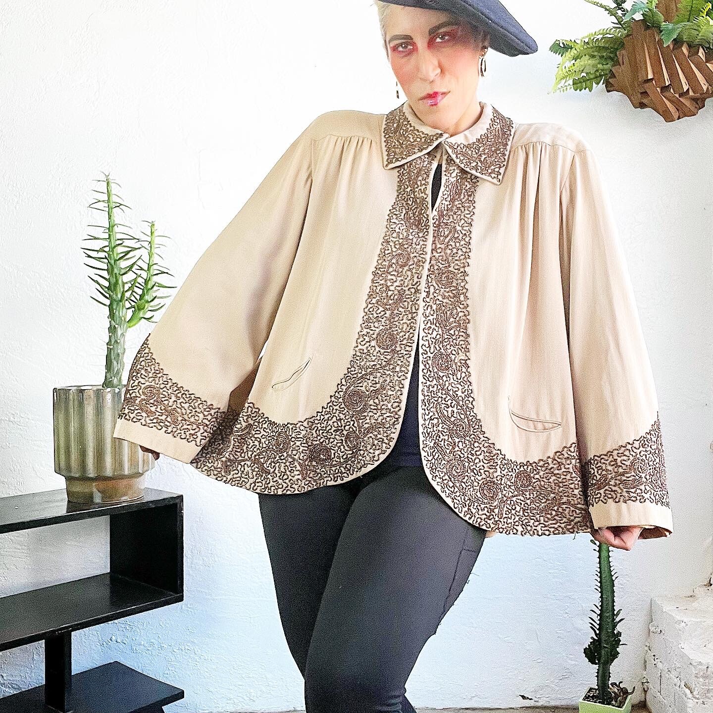HAND Glass BEADED Wool GABARDINE 1940’s 40s Vintage Tan Copper Swing Jacket L Xl