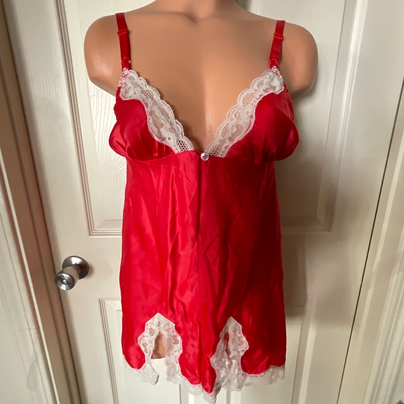 VTG Lily Of France SZ 36 LACY White Red Satin Bodysuit Romper Teddie USA