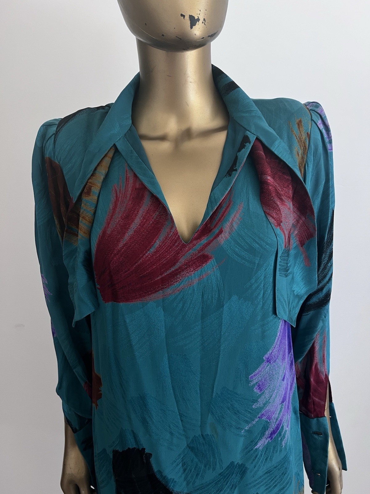 VTG 80s women’s turquoise silk secretary dress Andrea Odicini for Saks SZ 4/6 US