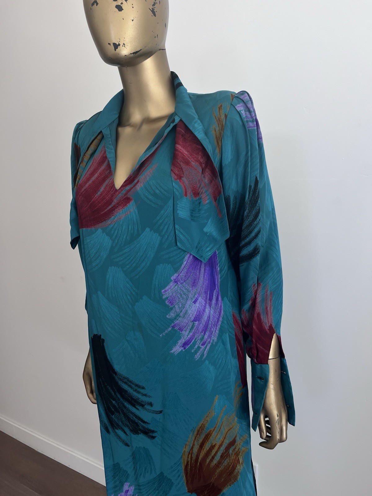 VTG 80s women’s turquoise silk secretary dress Andrea Odicini for Saks SZ 4/6 US