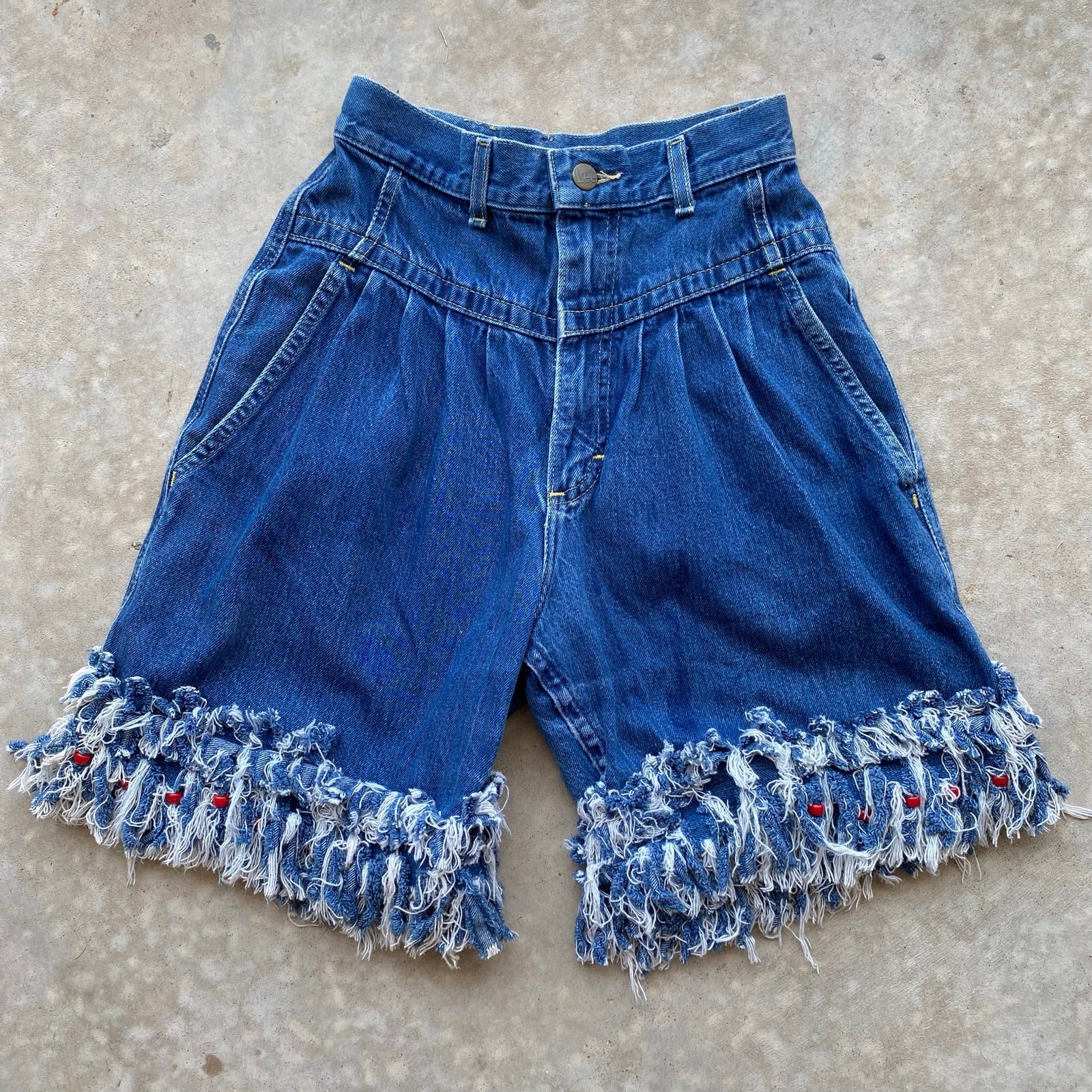 80s Denim Shorts Women’s Vintage Upcycled Fringe Beaded Summer Bermuda Shorts XS