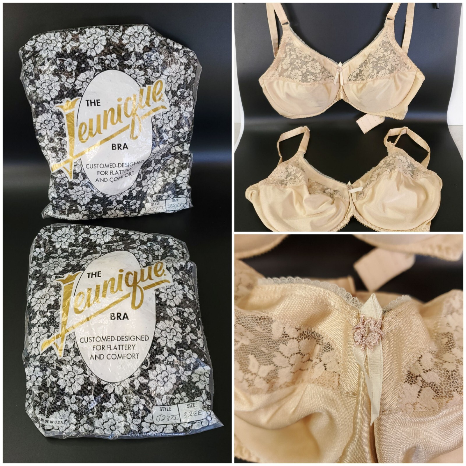 Vtg 80’s Jeunique 32EE Beige Lace Soft Cup Underwire Bra Style J23 NOS Lot Of 2