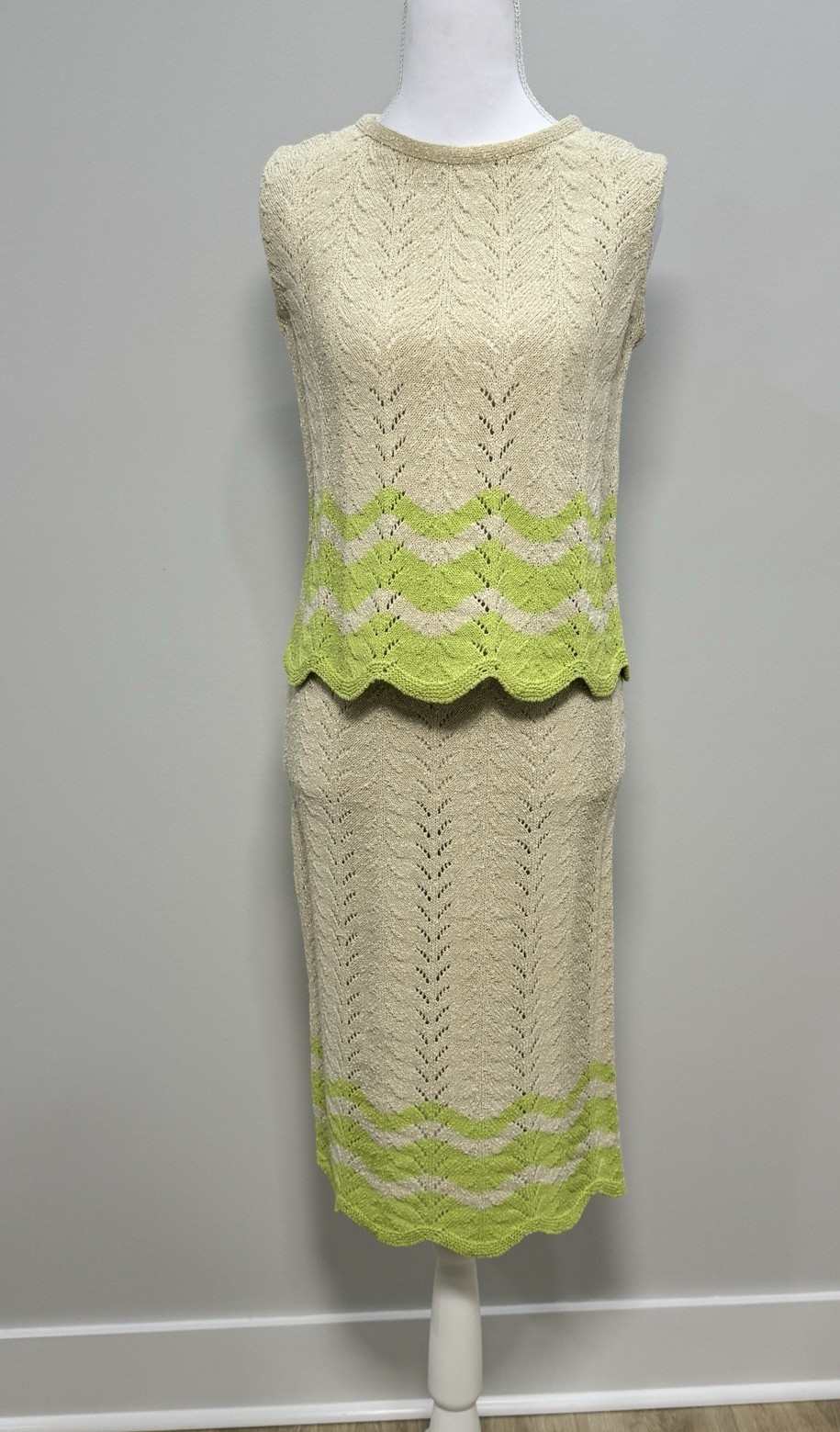 Vintage 1960s Mister Sig Knit Top Skirt Set Cream Lime Green ILGWU Small