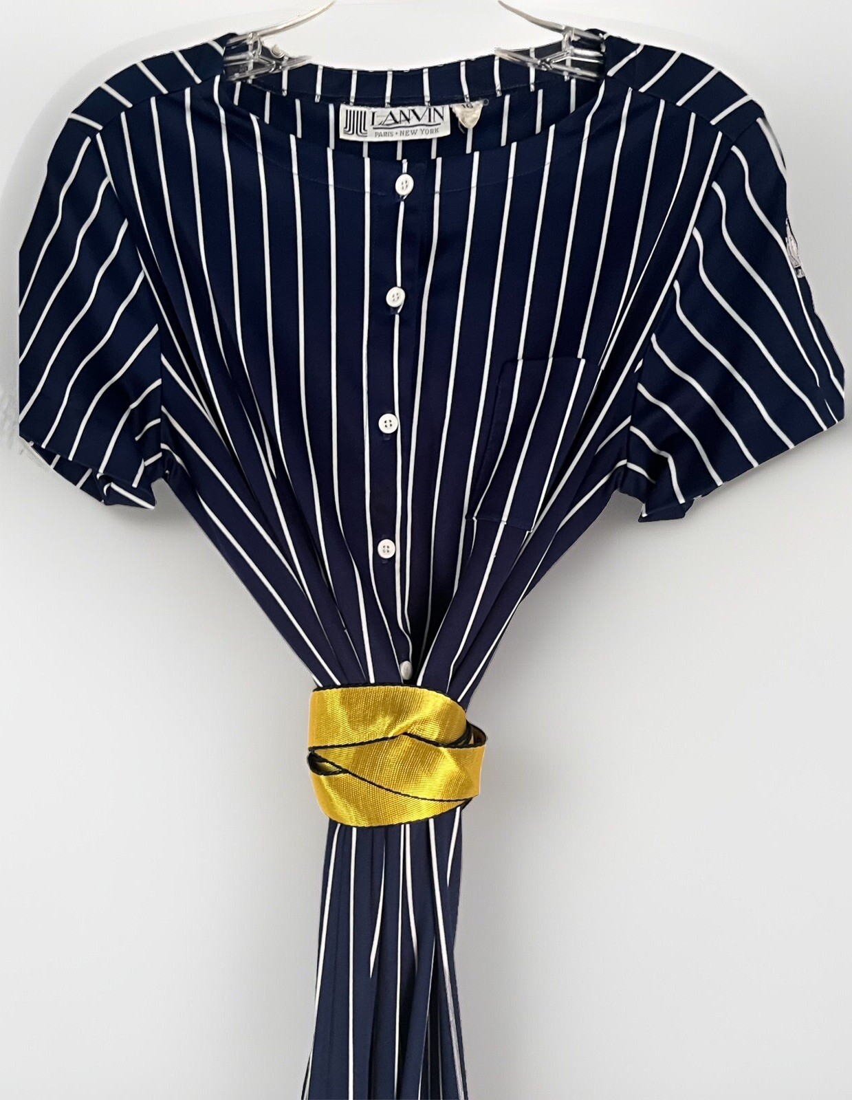 Vintage LANVIN 1970s Poly Knit French Designer Embroidered Logo Day Dress L 16