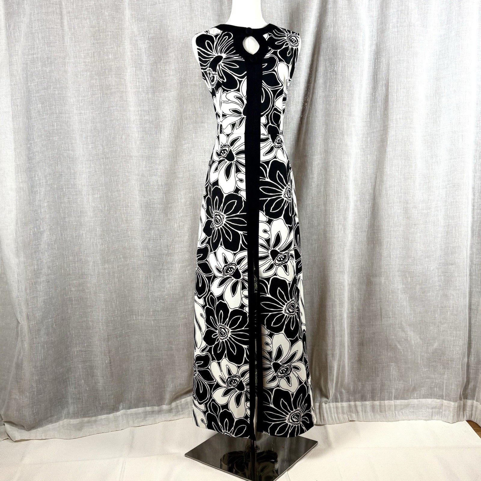 Vintage Black And White Mod Maxi Dress Size Large Floral Hawaiian Tiki Sz Large