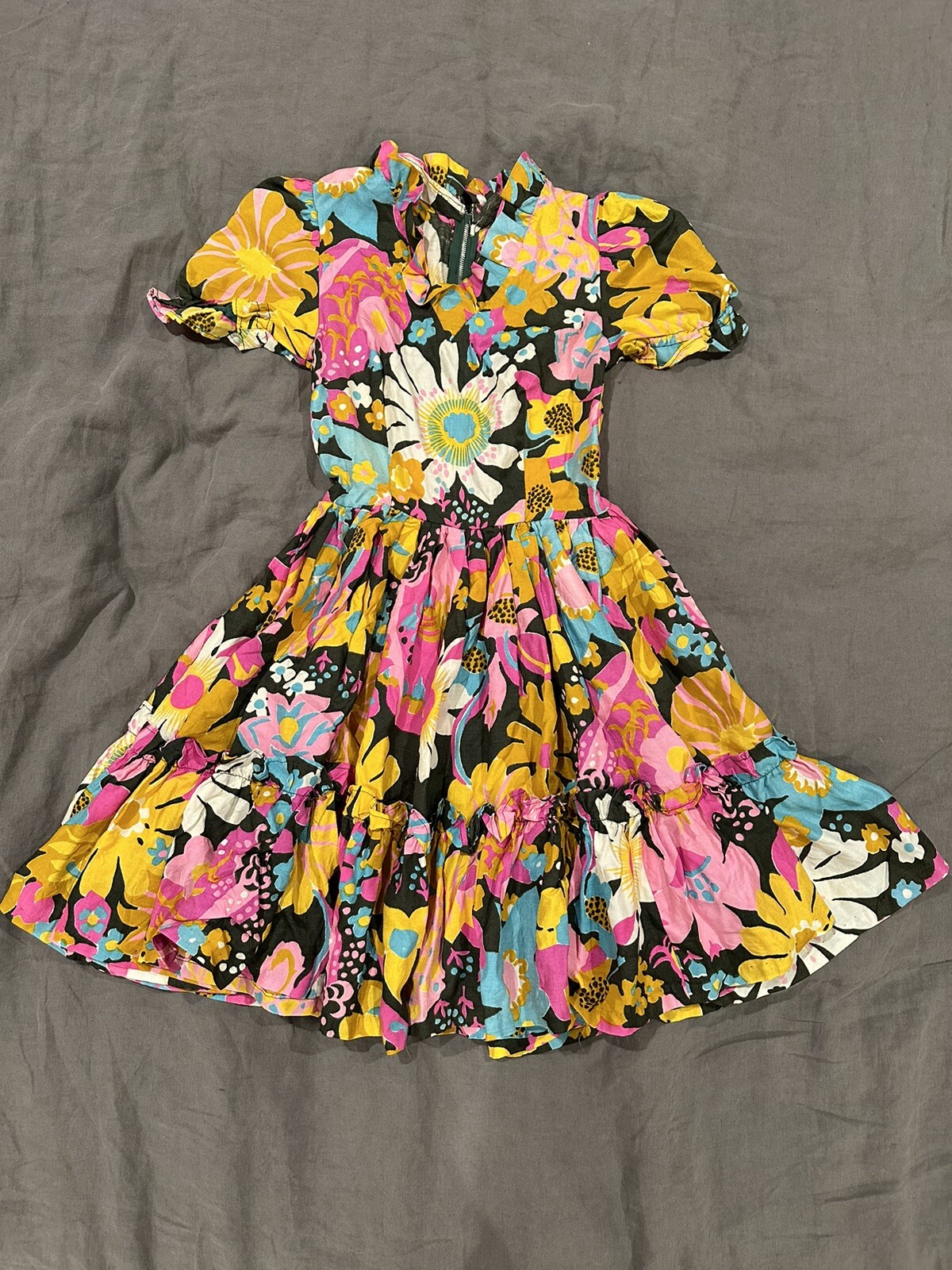 Vintage 60s Fit and Flare Floral Tea Dress, Ruffles, Hand Made