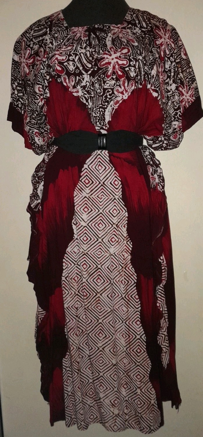 Vtg 60s 70s Ratu Nasya Indonesia Batik Block Pront Dye Ruffle Caftan Maxi Dress