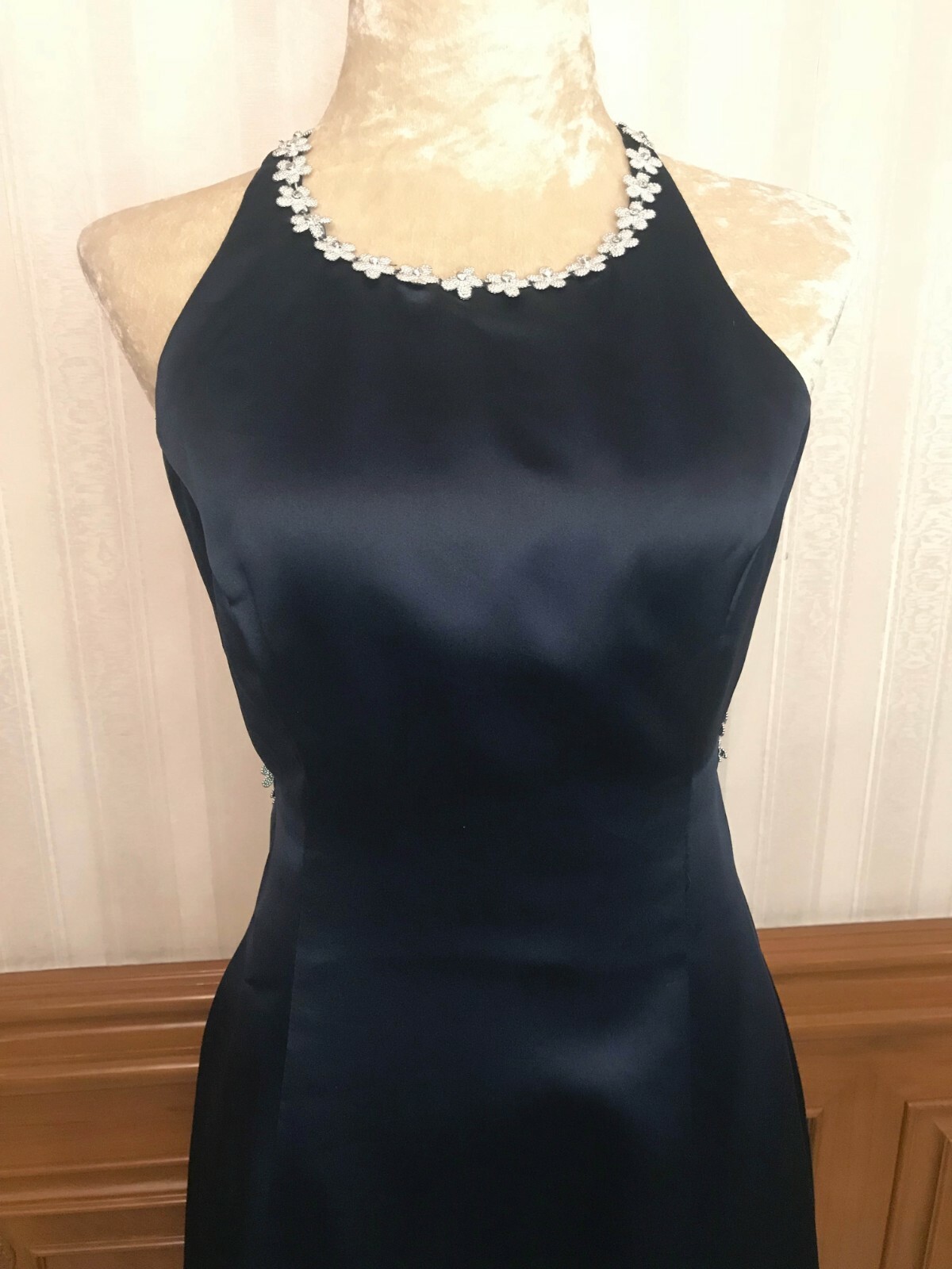 Vintage Bari Jay Satin Halter Prom Party Formal Dress Gown Navy Blue Sz 4 USA