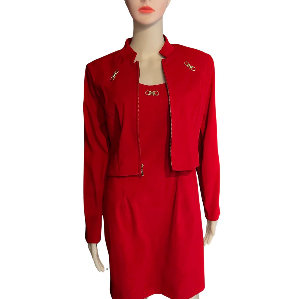 Vintage 80s Red Ultra Suede Dress & Jacket 2 Pc Suit Set Women’s 4