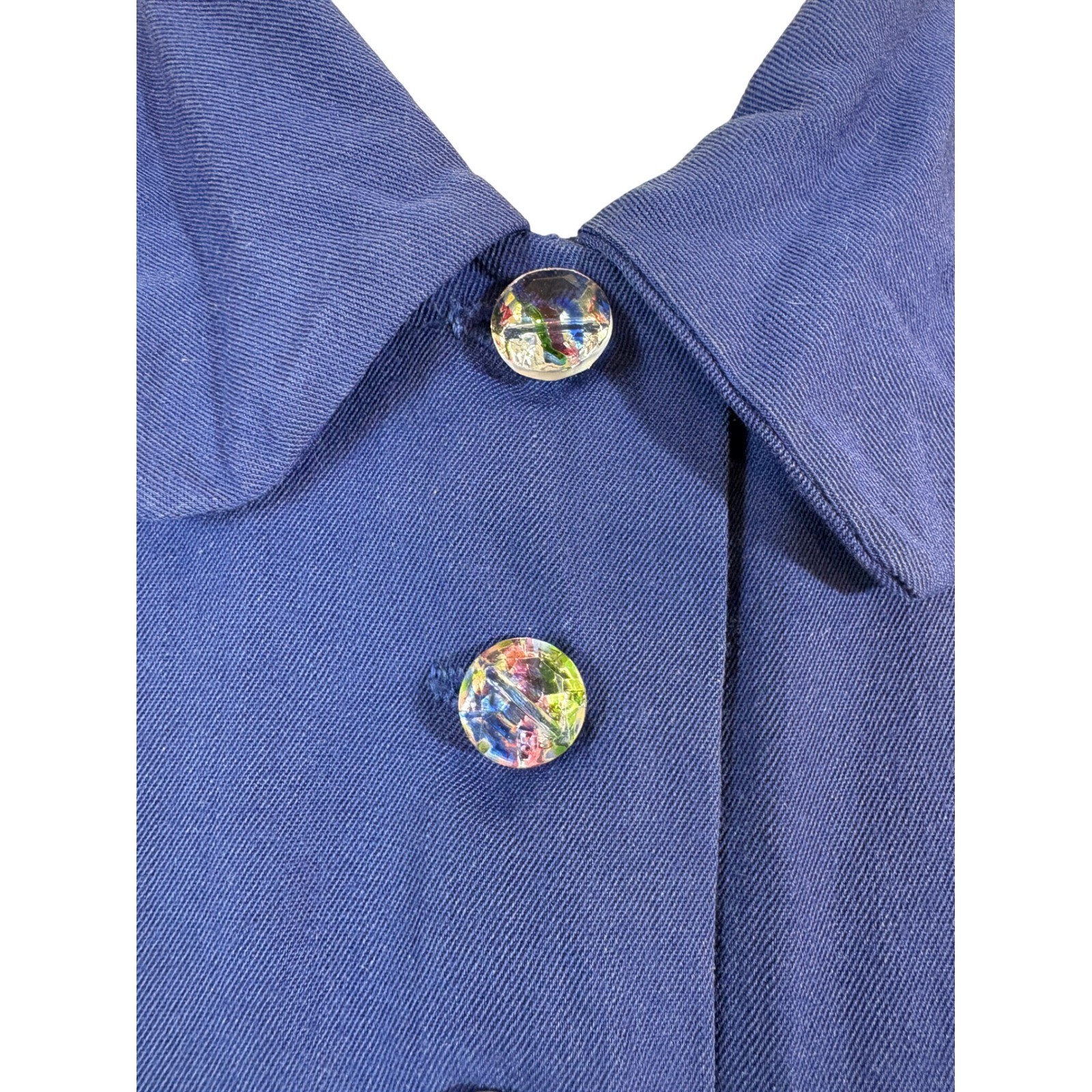 vtg 40s Junard of Dallas Day Dress 27W Blue Collared Iridescent Button fit flare