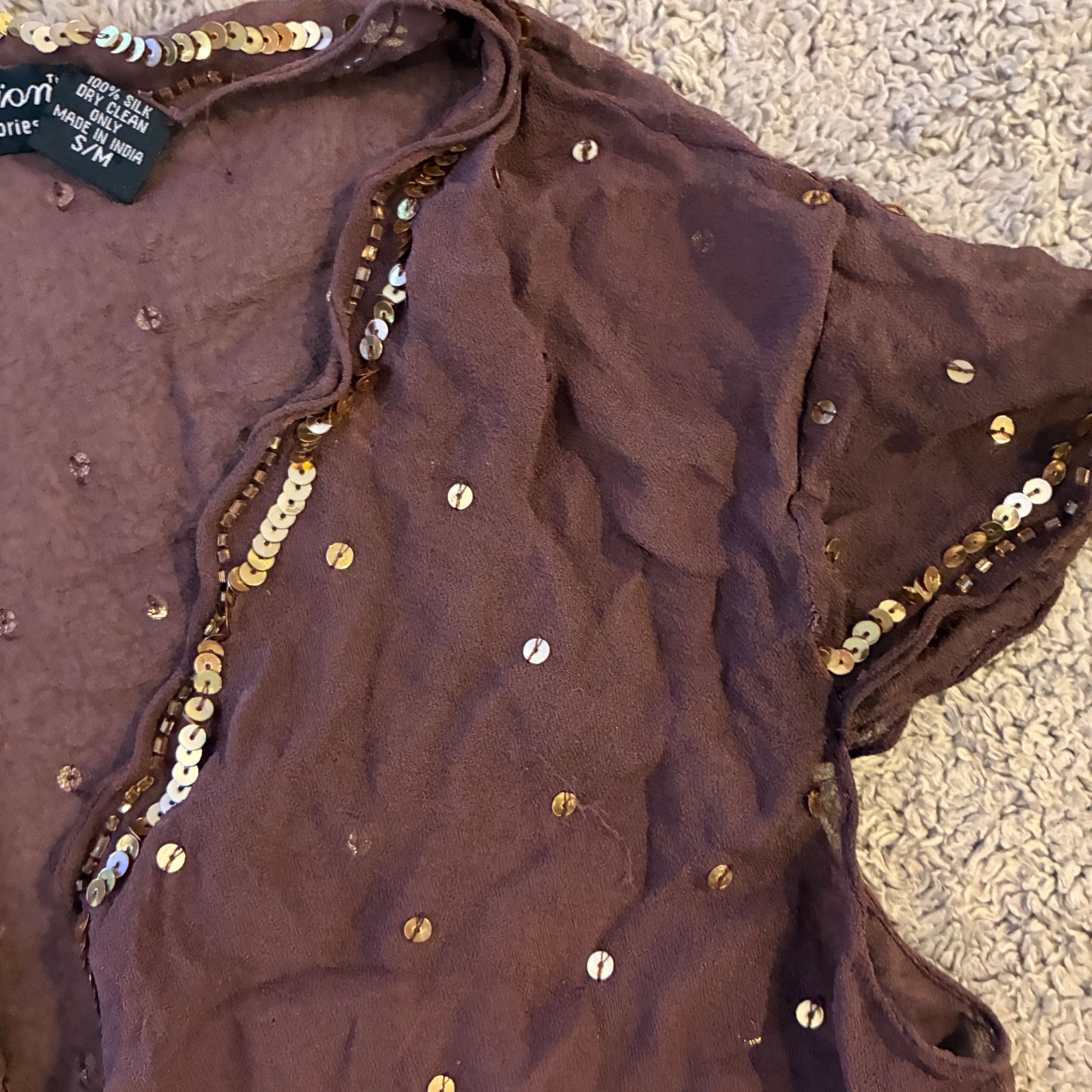 Cejon Brown Sequin Sheer Bolero Shrug Mesh Silk Chiffon Cropped Vintage Y2K S M