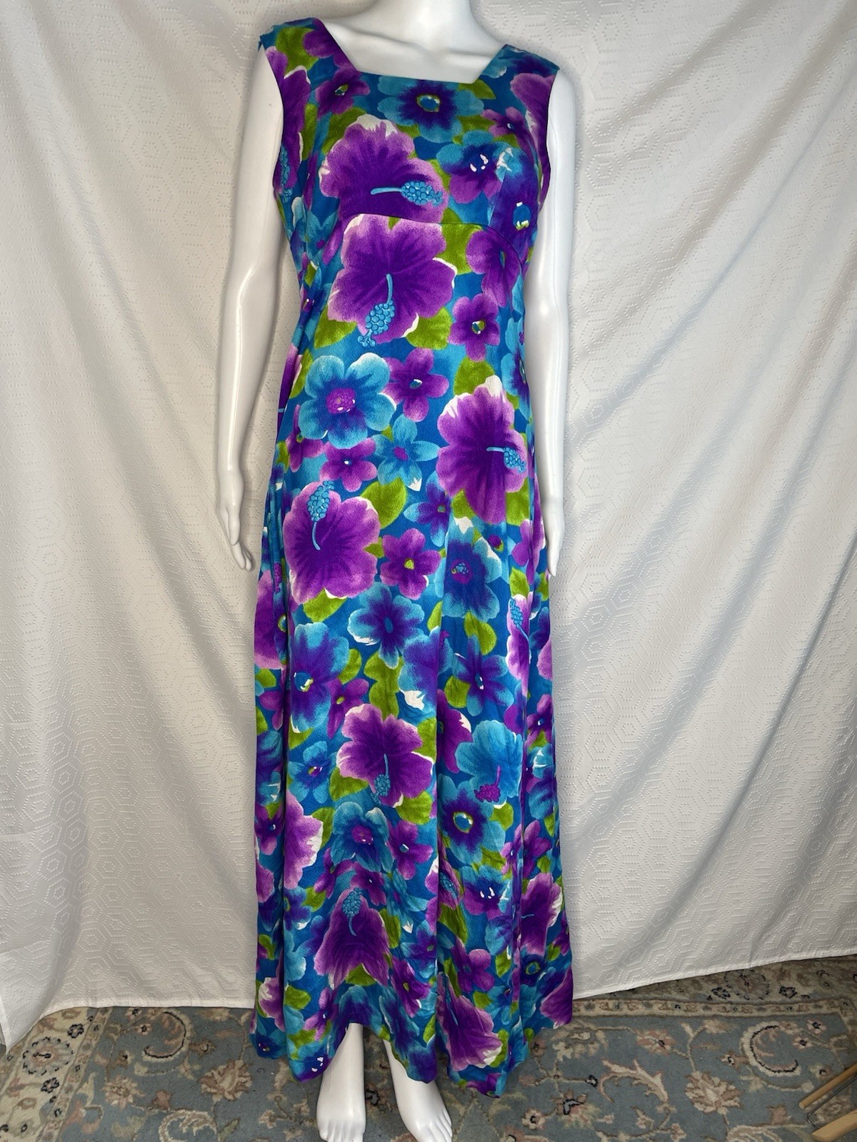 Vtg 70s Hawaiian Barkcloth Pomare Hibiscus High Waist Back Bow Maxi Dress 12