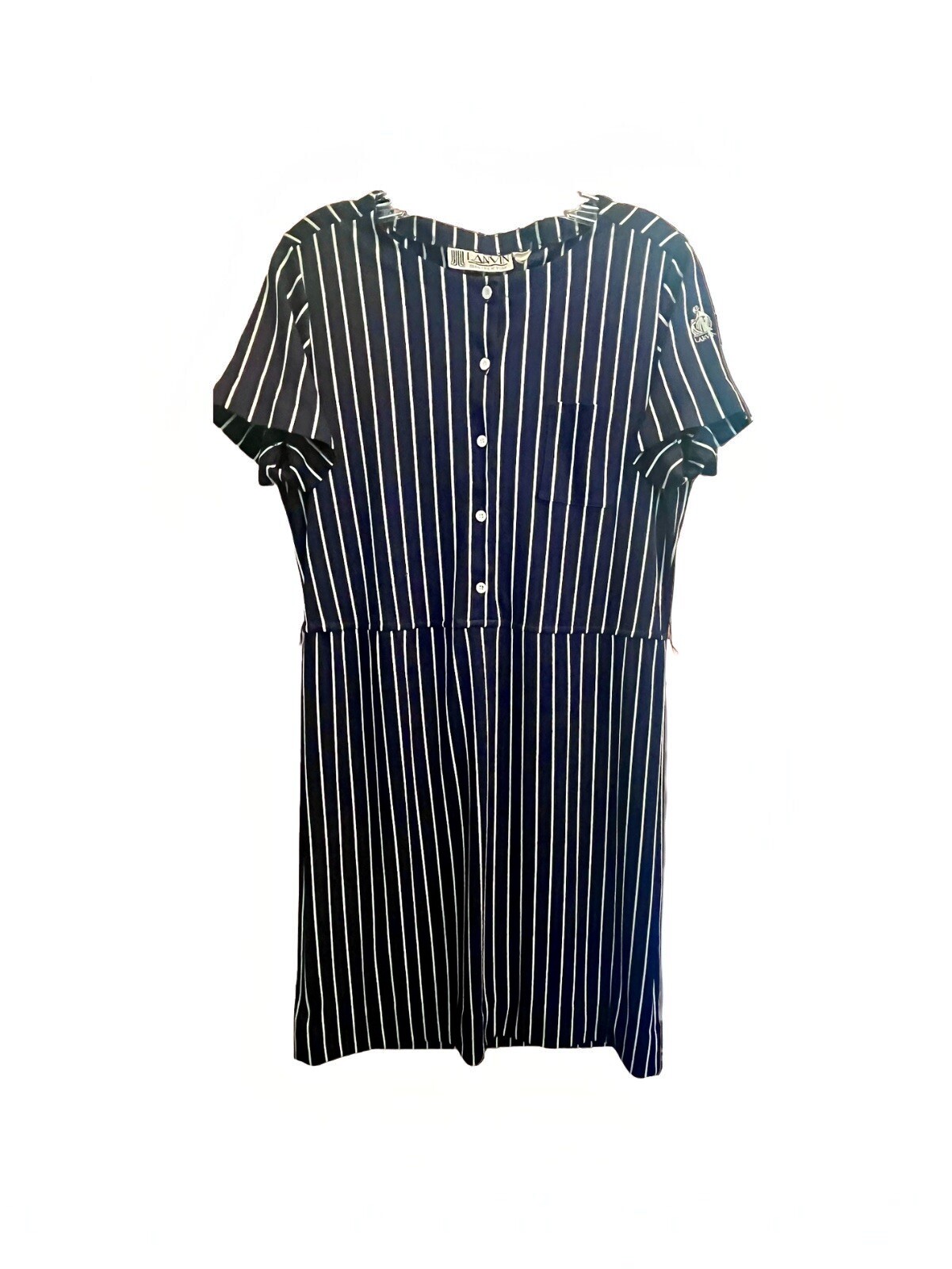 Vintage LANVIN 1970s Poly Knit French Designer Embroidered Logo Day Dress L 16