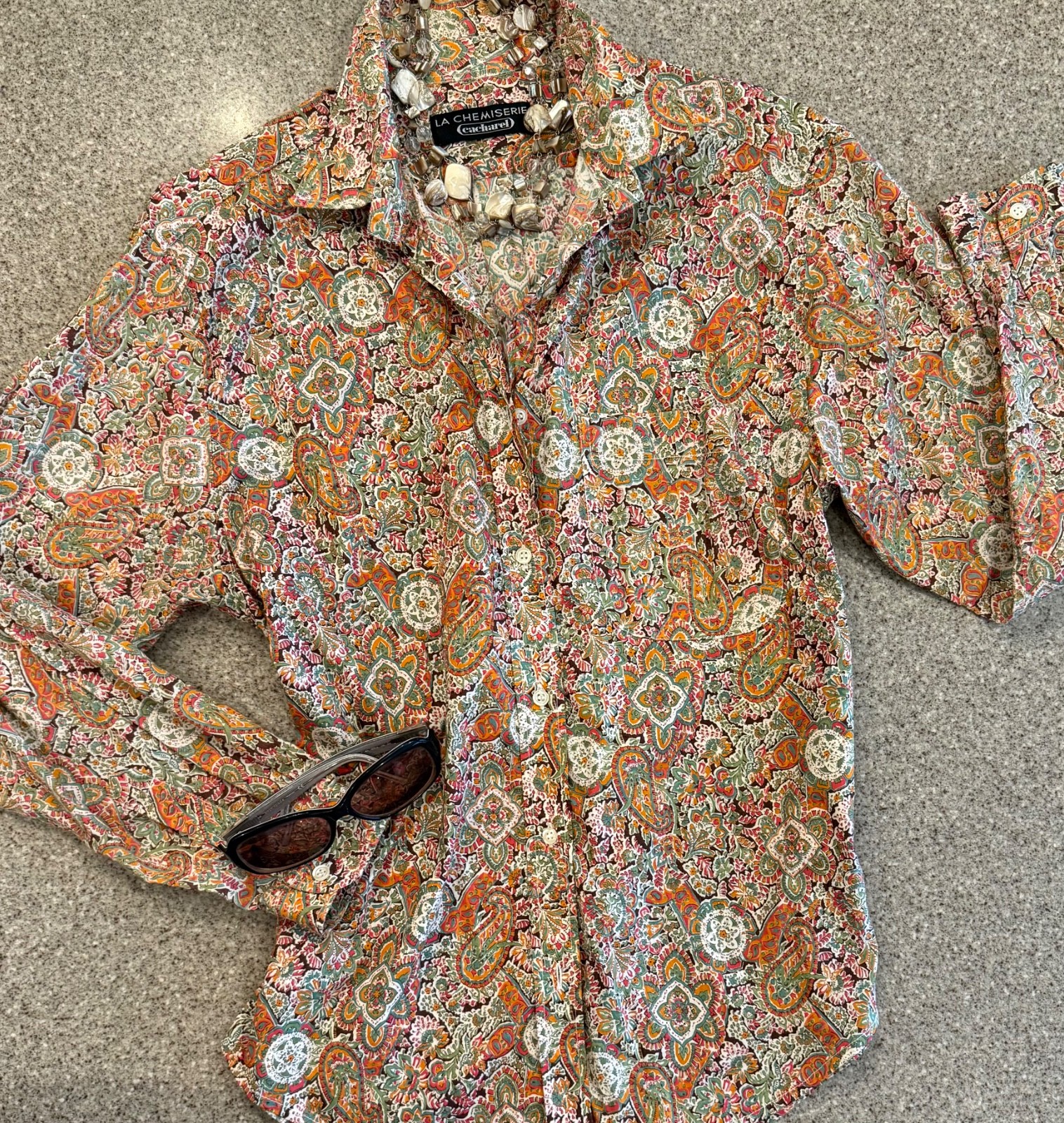 CACHAREL LA CHEMISERIE France Vtg ’70s Floral/Paisley Long Slv Cotton Blouse S/M