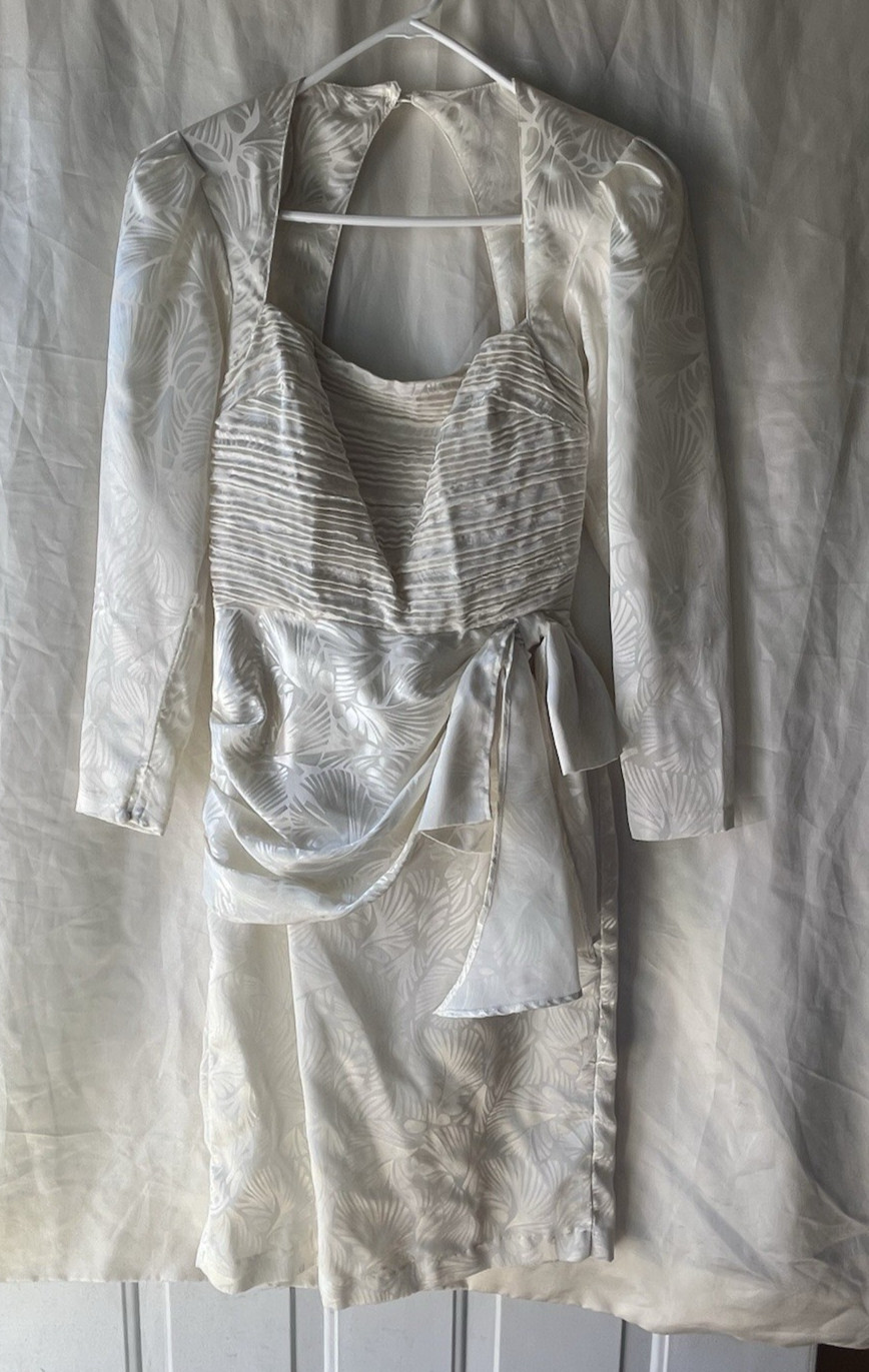 Vintage 80s Ivory Bow Keyhole Back Dress Puff Shoulder Pencil Dress