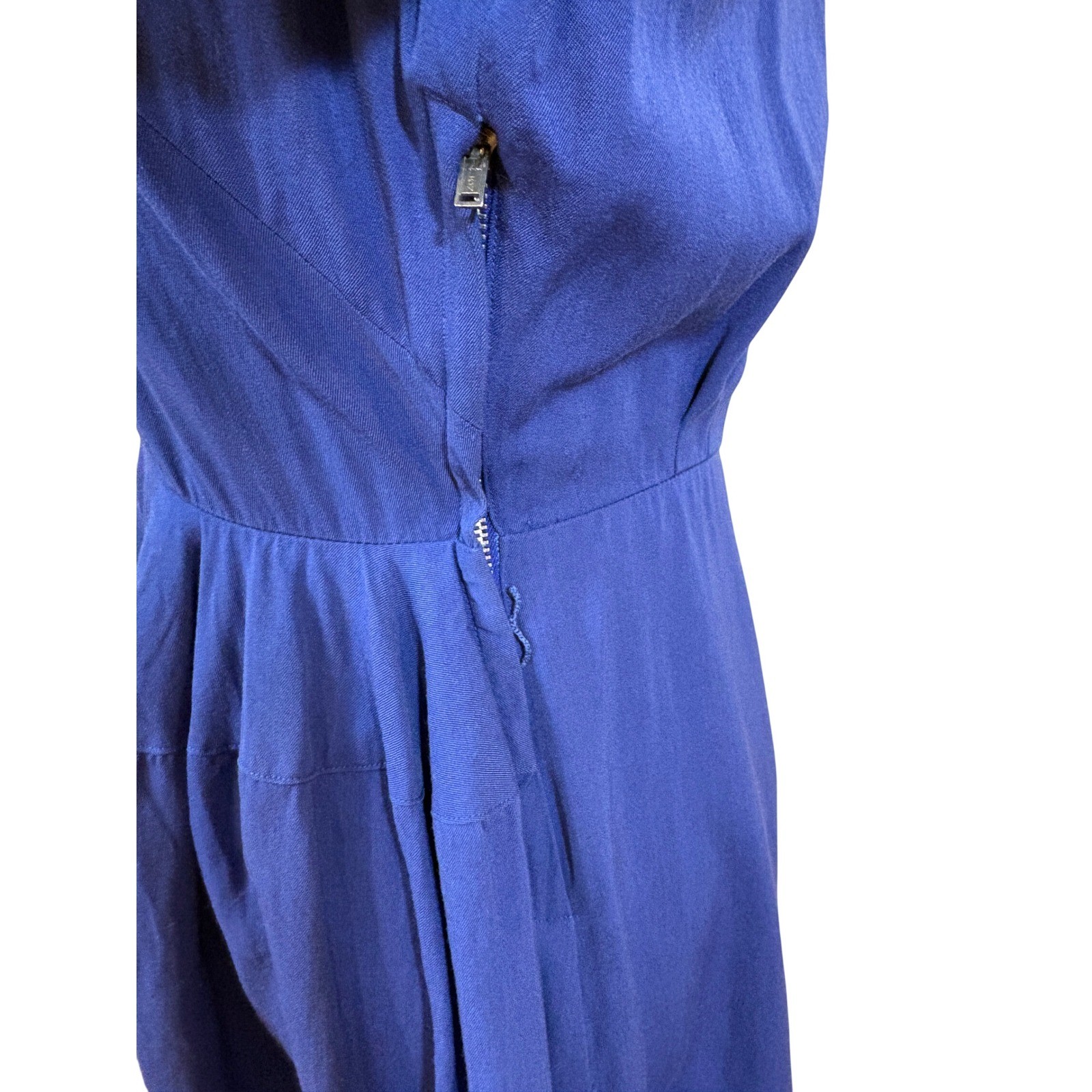 vtg 40s Junard of Dallas Day Dress 27W Blue Collared Iridescent Button fit flare