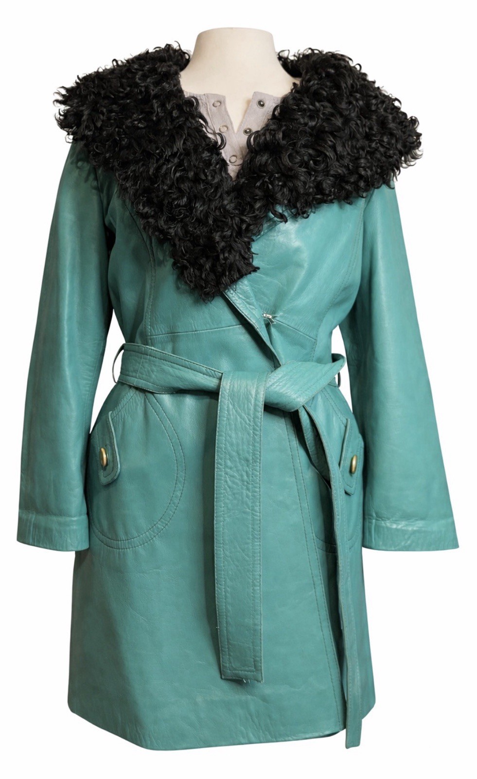 Vintage Teal Leather Coat Curly Lamb Shearling Collar Belted Spain Made M