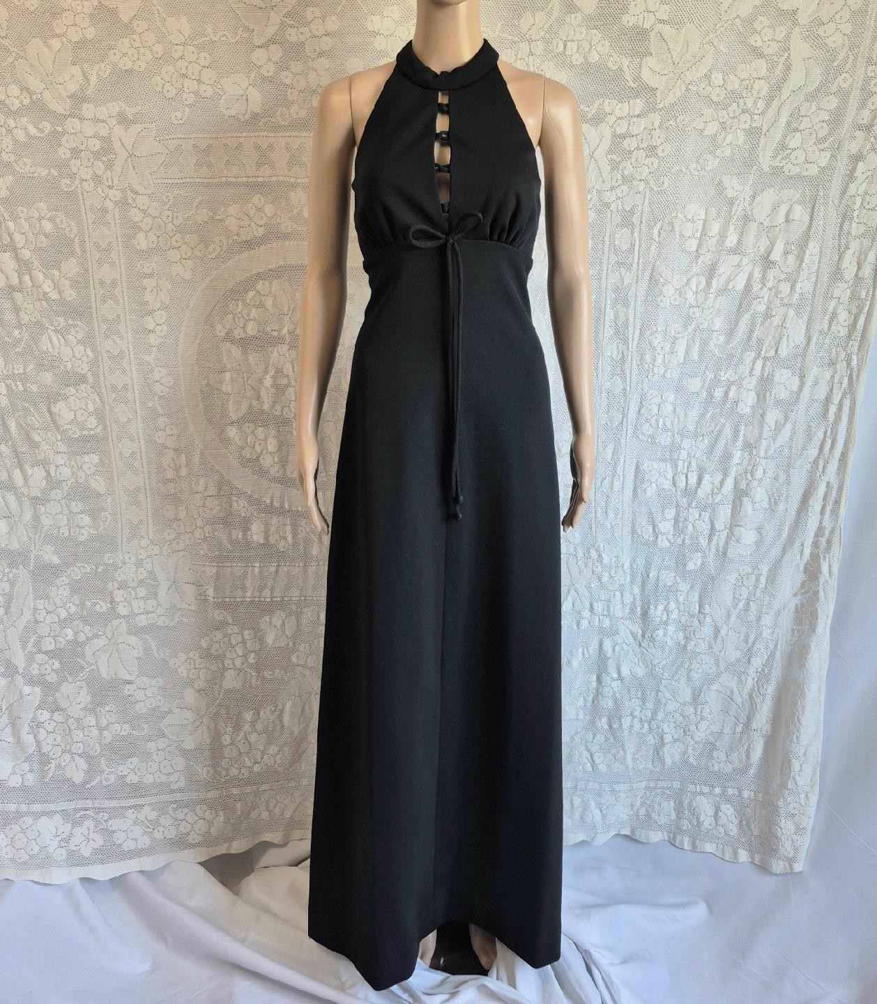 BOHO MODERN Vintage 70s LBD Halter Neck Cage Back Empire Waist MAXI DRESS – S/M