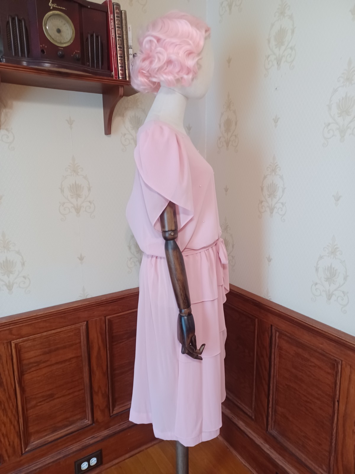 Vintage 1960s/70s Toni Todd Union-Made Pink Pearled Puff Sleeve Coquette Dress