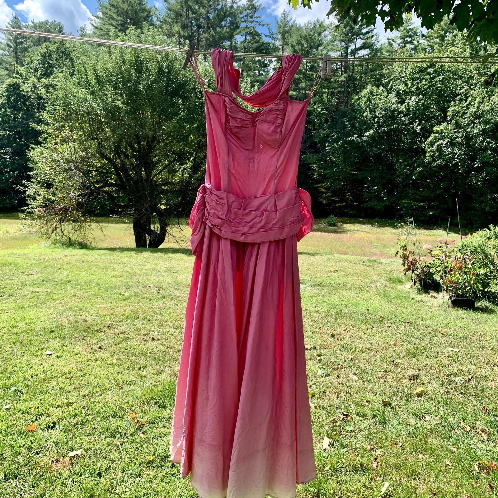 1950s Pink Evening Gown XS Taffeta Cummerbund Bustle Metal Zip Flawed Halloween