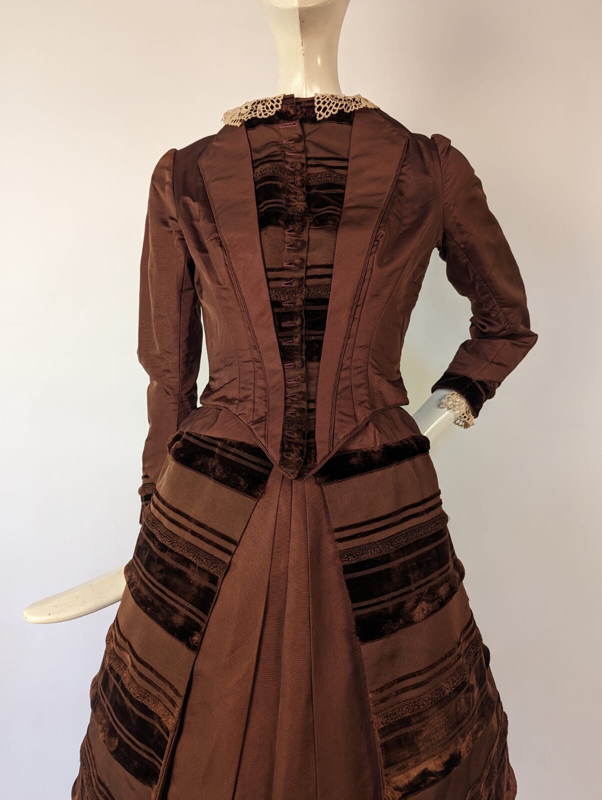 VICTORIAN 1880’S SILK BUSTLE DRESS W VELVET STRIPING + LABEL + BUILT IN BUSTLE